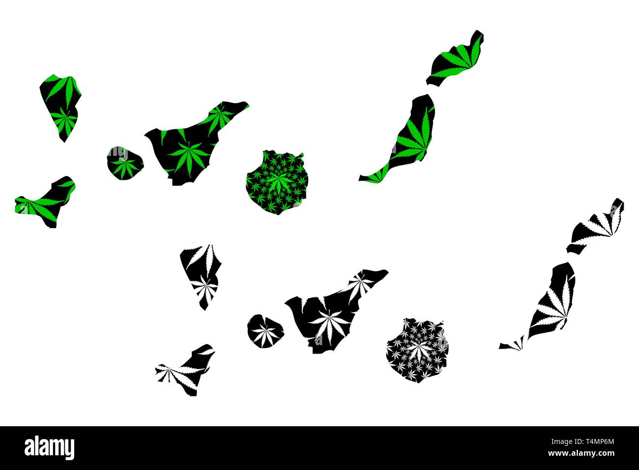 Canaries - carte feuille de cannabis est vert et noir, Islas Canarias carte de marijuana, THC) feuillage, Illustration de Vecteur