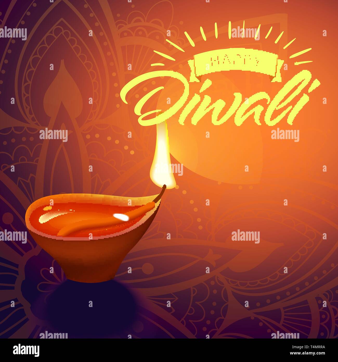 Carte postale pour Diwali festival avec lampe indien réaliste avec feu flamme et mandala. Happy Diwali concept, en 1914. Typographie affiche ou logo pour Illustration de Vecteur