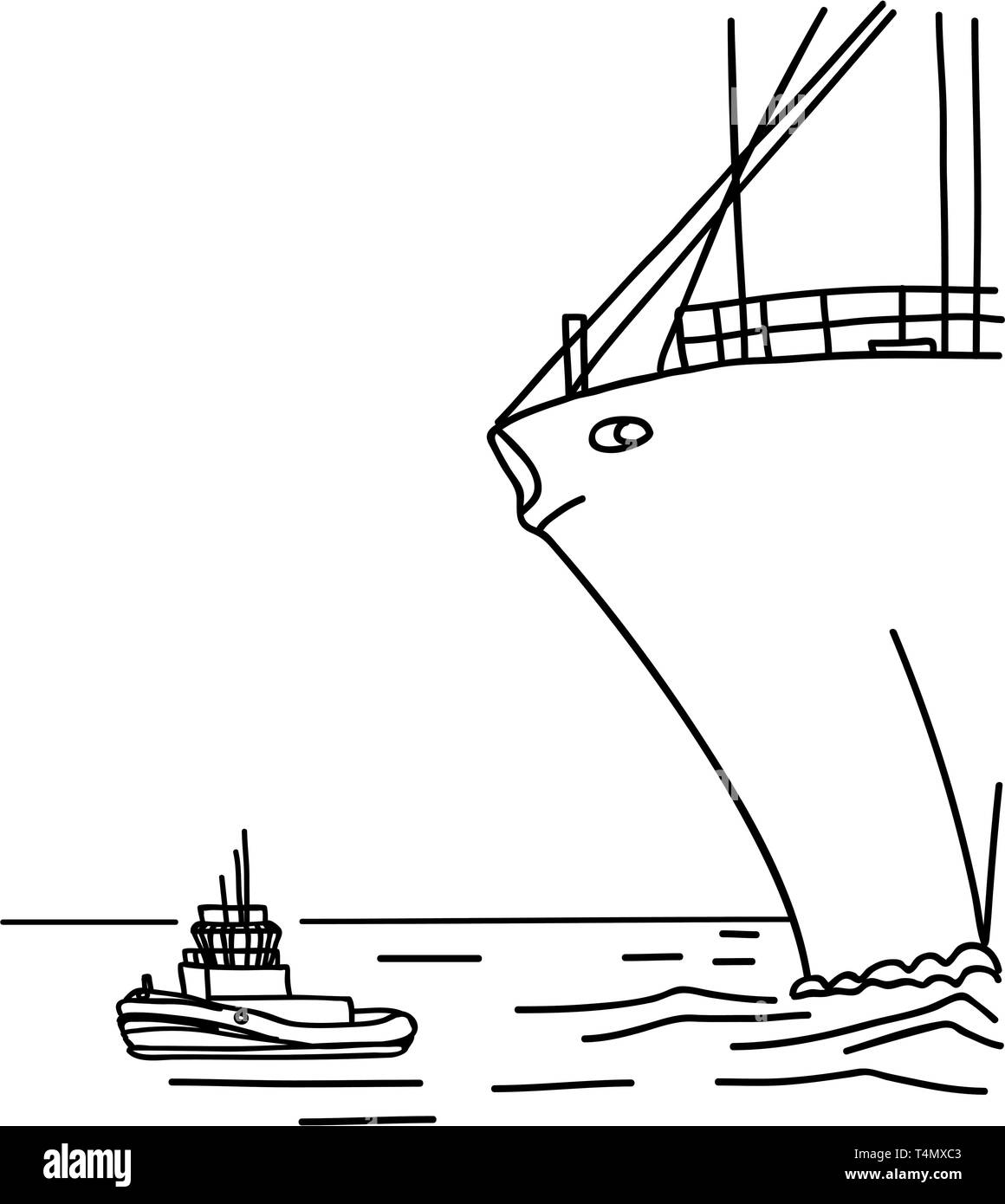 Le petit bateau en passant par l'énorme navire. Vector illustration Illustration de Vecteur