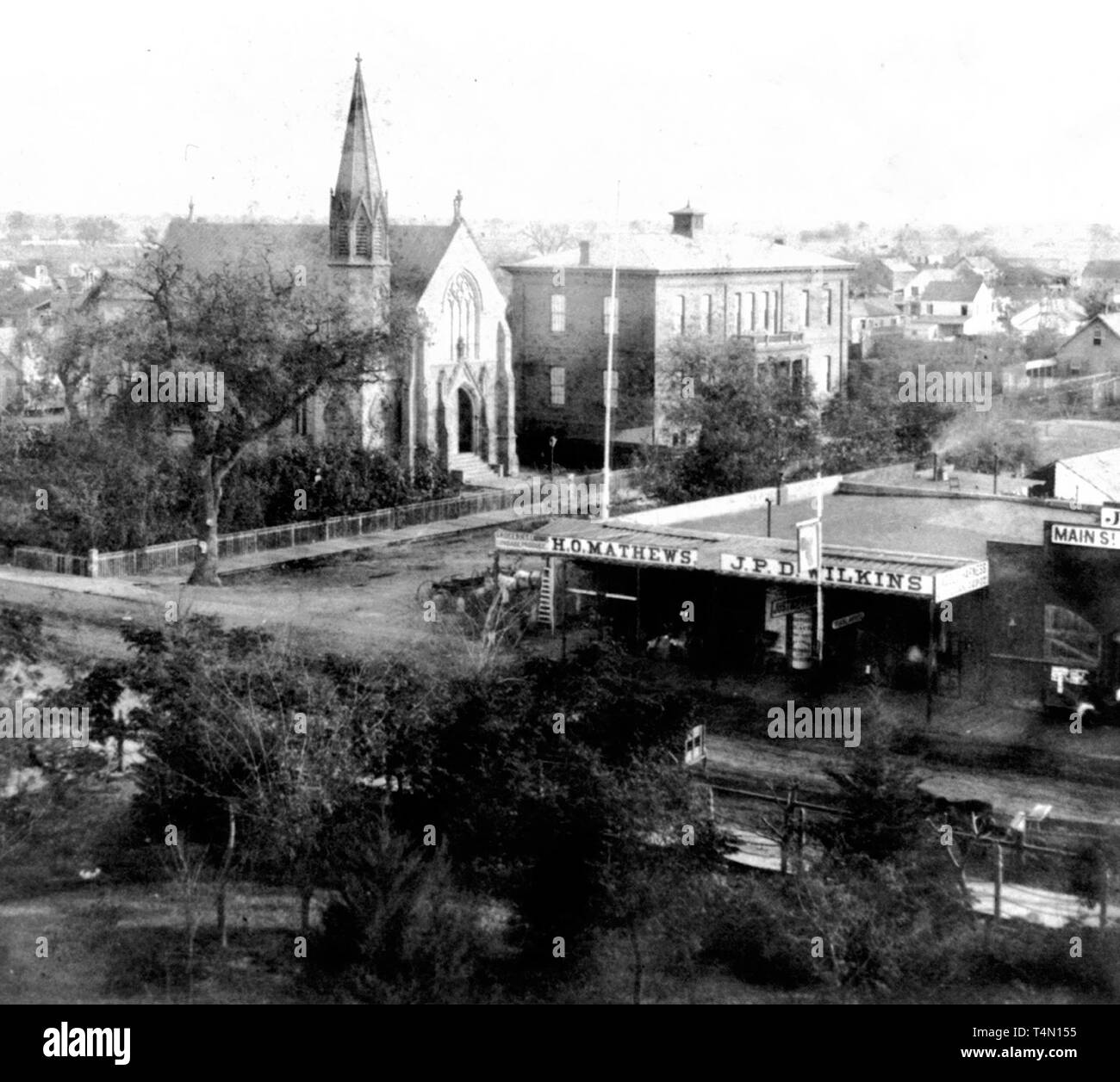 L'histoire de la Californie - Presbyterian Church et l'école publique, de la Court House, Stockton, Comté de San Joaquin ca. 1866 Banque D'Images