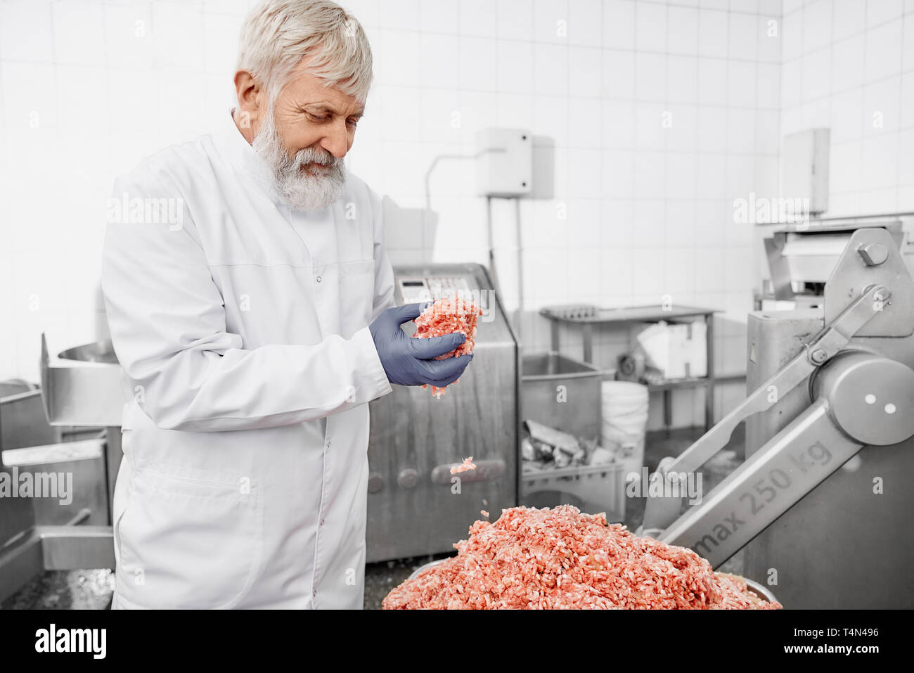 Personnes âgées professionnel en uniforme blanc et des gants en caoutchouc, debout près de l'équipement et la tenue la farcissure prг©parent. Ligne de production de viande hachée. Boucher, homme à barbe grise et des cheveux sur l'usine de viande. Banque D'Images