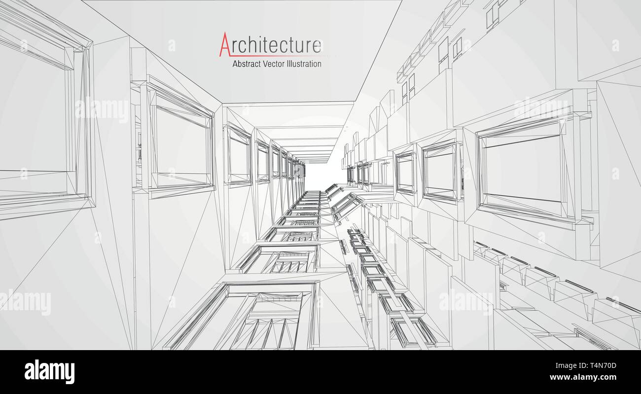 L'architecture moderne en fil de fer. Concept de fer urbain. Illustration de l'architecture du bâtiment de fer dessin CAO. Illustration de Vecteur