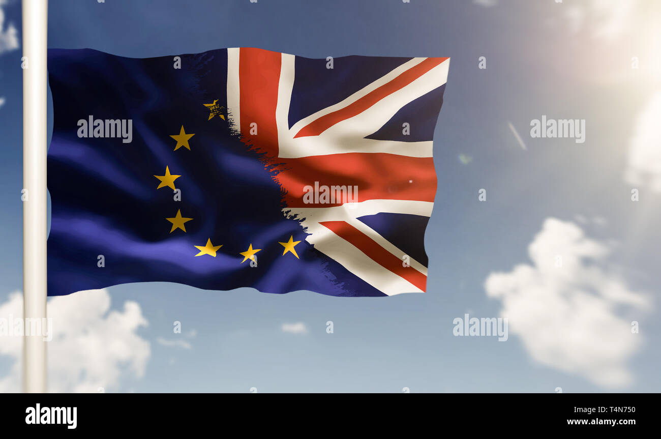 Forme brexit drapeau sur pole against blue sky Banque D'Images