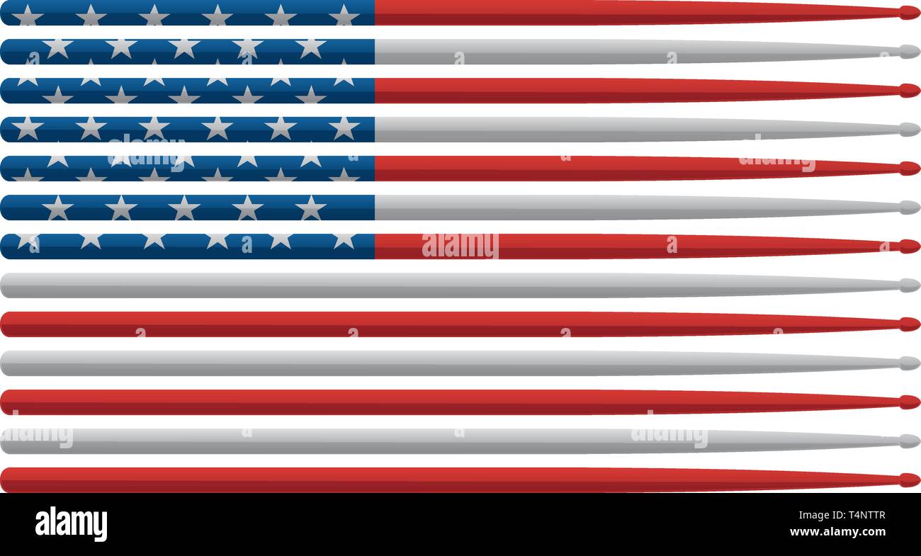 Batteur américain baguettes avec drapeau rouge, blanc et blue stars and stripes drum sticks isolated vector illustration Illustration de Vecteur