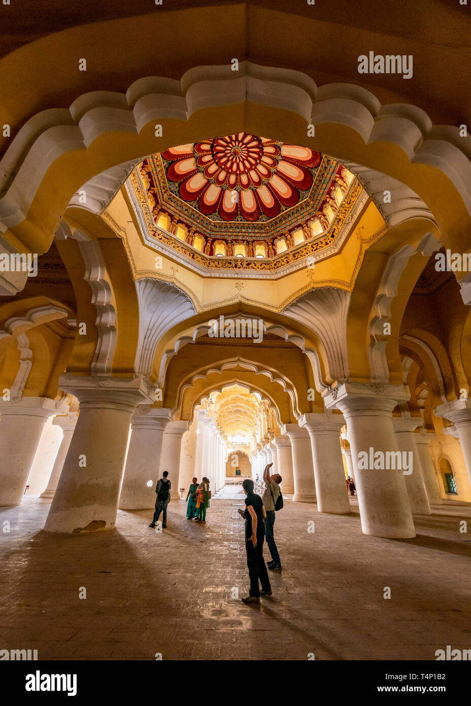 Vue verticale de l'incroyable coupole au Palais Thirumalai Nayak de Madurai, Inde. Banque D'Images