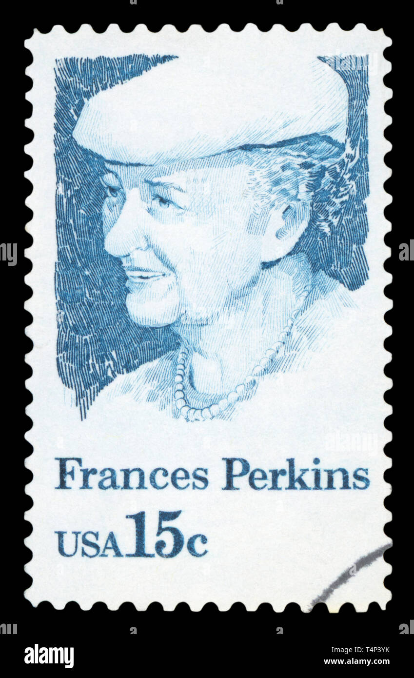États-unis D'AMÉRIQUE - circa 1980 : timbre imprimé aux États-Unis montre Frances Perkins, 1re femme membre du Cabinet, la secrétaire du Travail, vers 1980. Banque D'Images