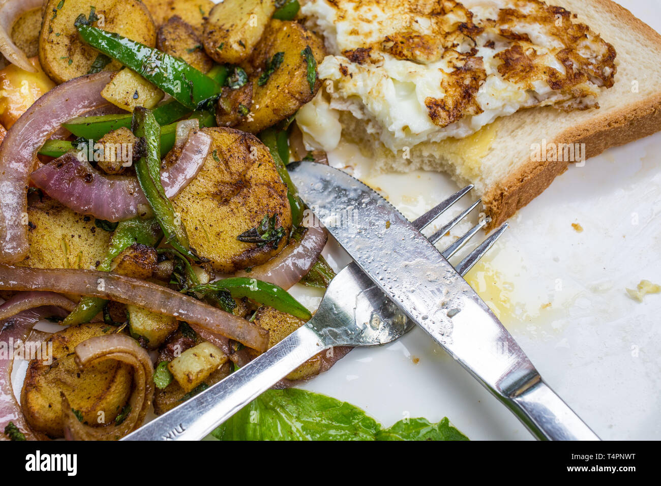 Un ensemble assiette petit-déjeuner de paillasson de pommes de terre, les oignons et l'oeuf au plat sur toast Banque D'Images