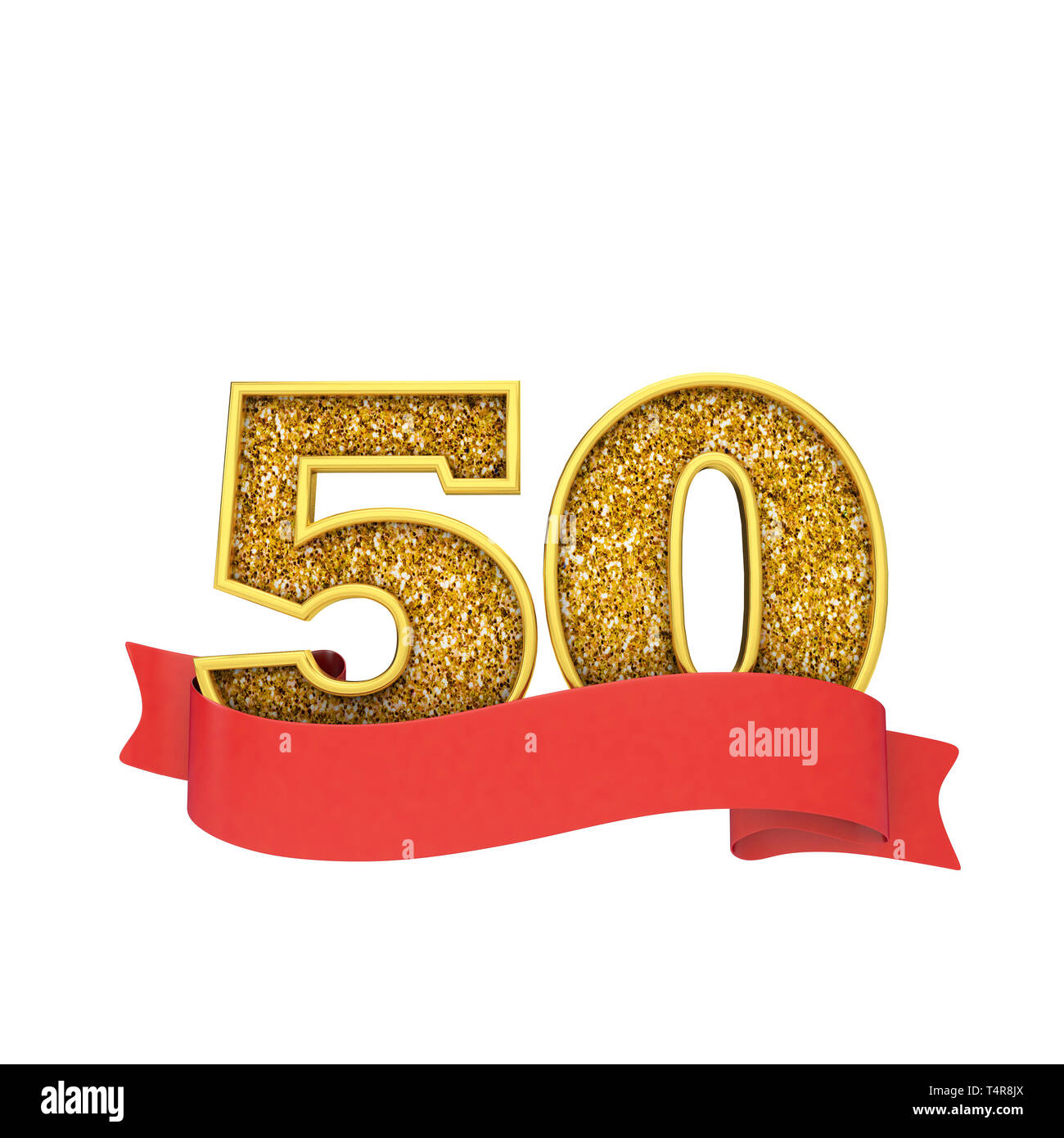 Numéro 50 gold glitter célébration avec une bannière de défilement rouge. 3D Render Banque D'Images