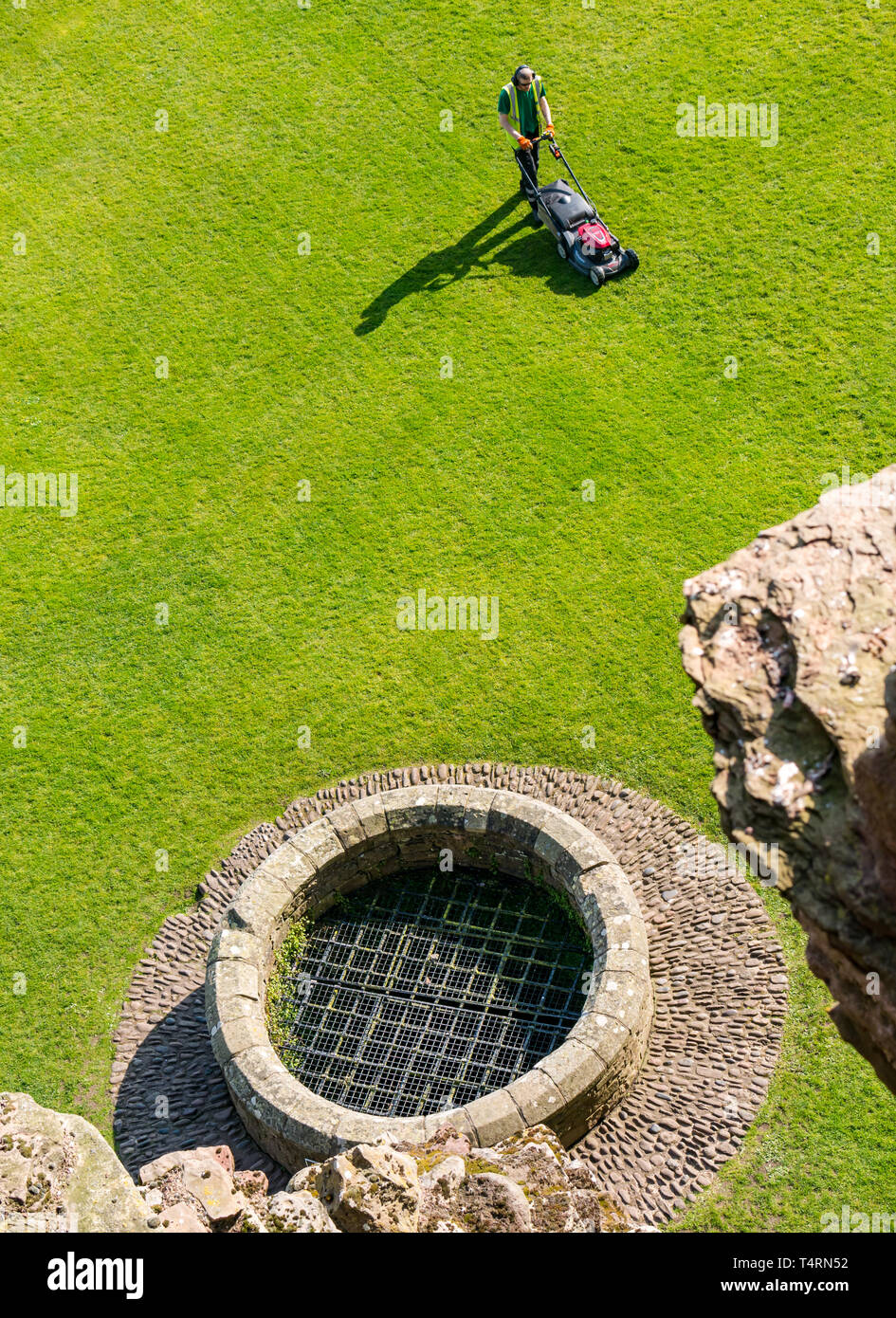 Le Château de Tantallon, North Berwick, East Lothian, Ecosse, Royaume-Uni, 19 avril 2019. Depuis le haut des remparts de la 14e siècle ruines du château de mur rideau. Un jardinier qui tond la pelouse en préparation pour les visiteurs attendus au cours d'un week-end de Pâques Banque D'Images