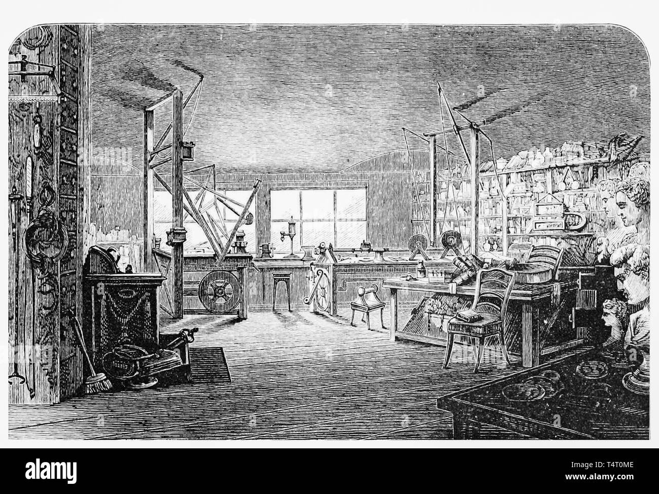 La gravure de James Watt's workshop à la maison, c. 1877 Banque D'Images