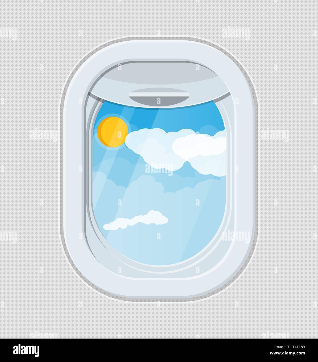 Fenêtre à partir de l'intérieur de l'avion. Hublot de l'avion de l'obturateur. Ciel, soleil et nuages derrière un conseil. Voyage de l'air ou de vacances. Vector illustration i Illustration de Vecteur
