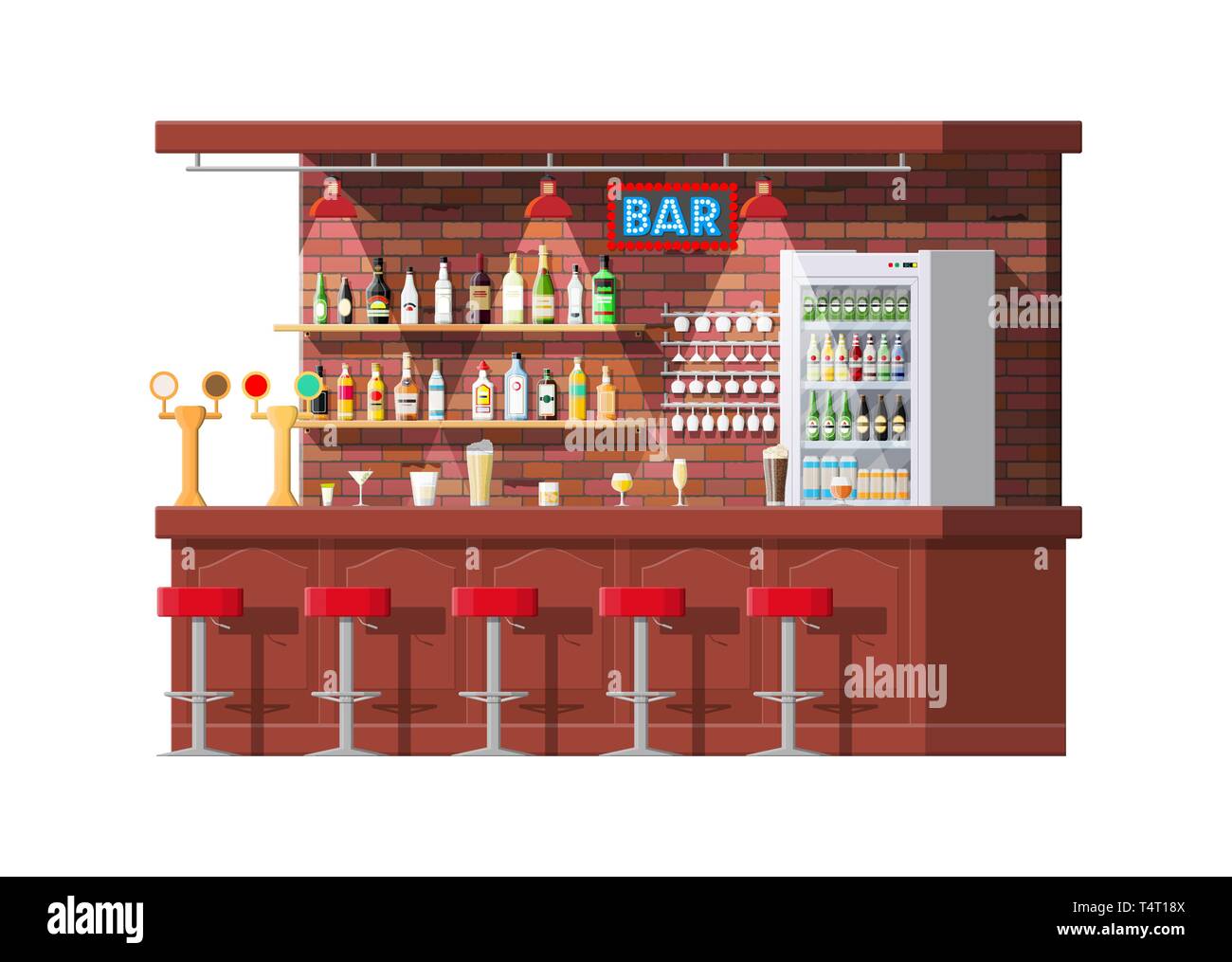 Création de boisson. Intérieur de pub, café ou un bar. Comptoir bar, chaises et d'étagères avec des bouteilles d'alcool, d'un réfrigérateur. Verres et lampe. Dec en bois Illustration de Vecteur