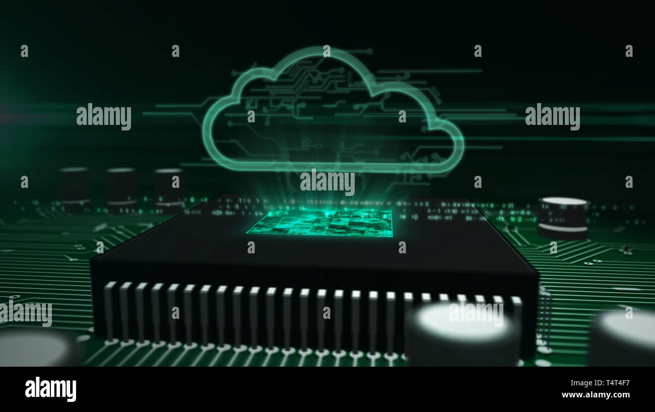 Concept de sécurité cybernétique avec hologramme cloud plus de cpu de travail en arrière-plan. L'informatique numérique, serveur, stockage de données et l'analyse de l'ordinateur 3d abstrait Banque D'Images