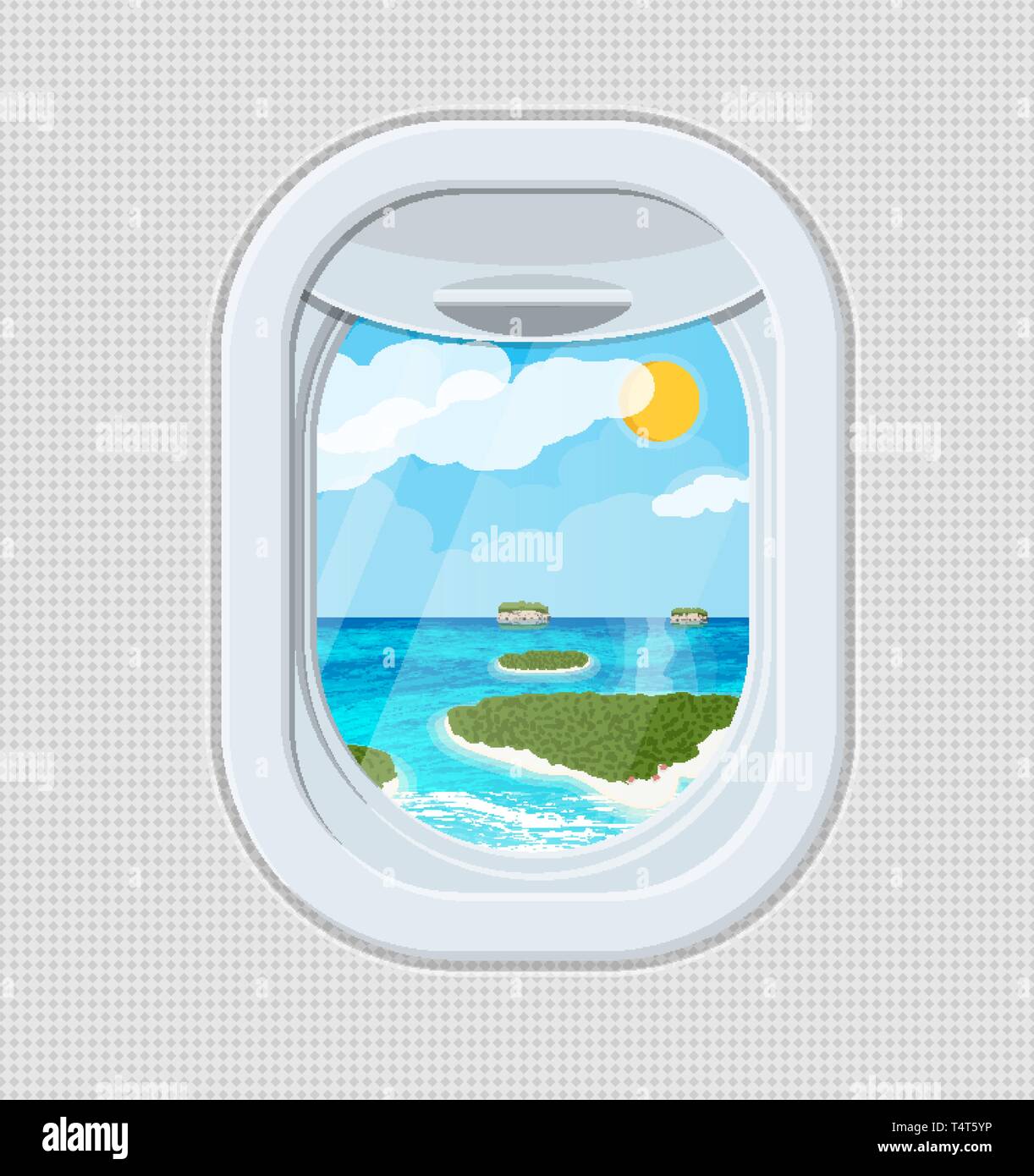 Fenêtre à partir de l'intérieur de l'avion. Hublot de l'avion de l'obturateur. Île tropicale palmier dans l'océan. Voyage de l'air ou de vacances. Vector illustrat Illustration de Vecteur