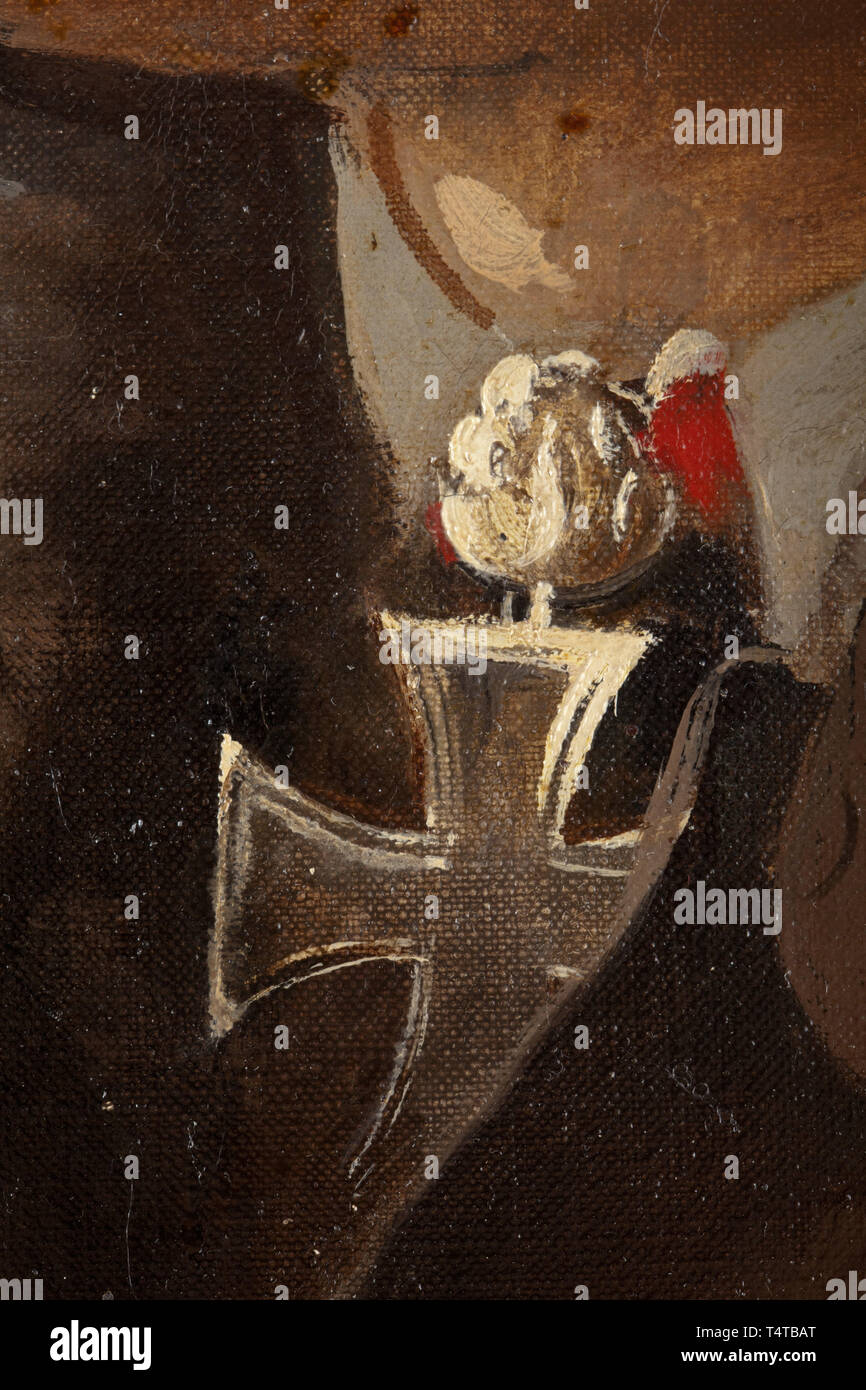 Pilote de chasse et de feuilles de chêne, gagnant le Colonel Gustav Rödel - une peinture à l'huile 1944 portrait grand format, comme le colonel Rödel et feuilles de chêne vainqueur assis et vêtu de la tenue de vol d'un pilote de chasse, tenant un cigare et un ordre du jour dans les mains. Signature de l'artiste 'Dahler 44.' en bas à droite. Décorées dans un cadre en bois 89 x 72 cm. Gustav Rödel, né 1915, servi dans la Luftwaffe à partir de 1935, a pris part à la guerre civile espagnole en tant que membre de la légion Condor et reçoit la Croix de Fer le 22 juin 1941, après 20 victoires aériennes dans l'Ouest, sur le Balkan, Editorial-Use P-only Banque D'Images