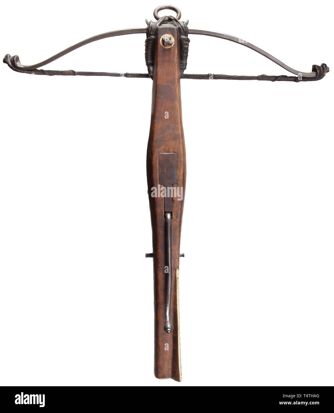 Une arbalète, une reproduction dans le style du 16ème siècle. Fer à repasser, tressé avec bow string chanvre goudronné. Retenu par les fils avec l'anneau de suspension fer entrelacés. Ventre légèrement avec de l'os de timon à placage haut. Fer à repasser l'écrou et le pontet. Longueur 58 cm. Avec cranequin, manivelle et une boîte de vitesses à partir de la 1ère moitié du 16ème siècle, le pignon bar idéalement remplacé, le dessous de la boîte avec cordon solide boucle. Longueur 28 cm., historique, historique, arbalète arbalètes, armes à distance, armes, objet, objets, clipping, cut out, cut-out, cut-outs, Additional-Rights Clearance-Info-Not-Available- Banque D'Images