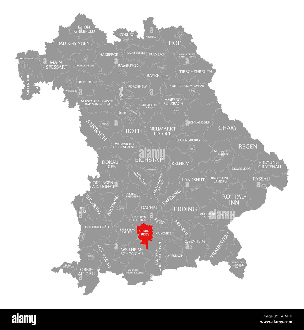 Comté de Starnberg en surbrillance en rouge la carte de Bavière Allemagne Banque D'Images