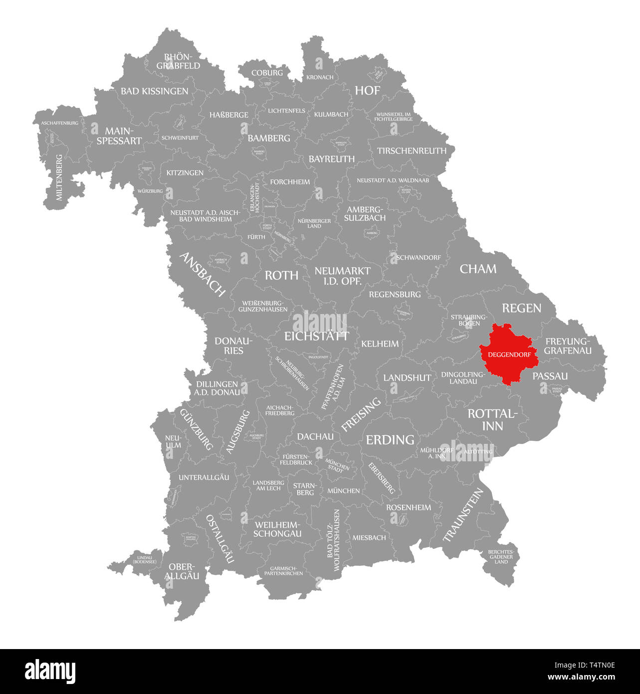 Comté de Deggendorf en surbrillance en rouge la carte de Bavière Allemagne Banque D'Images