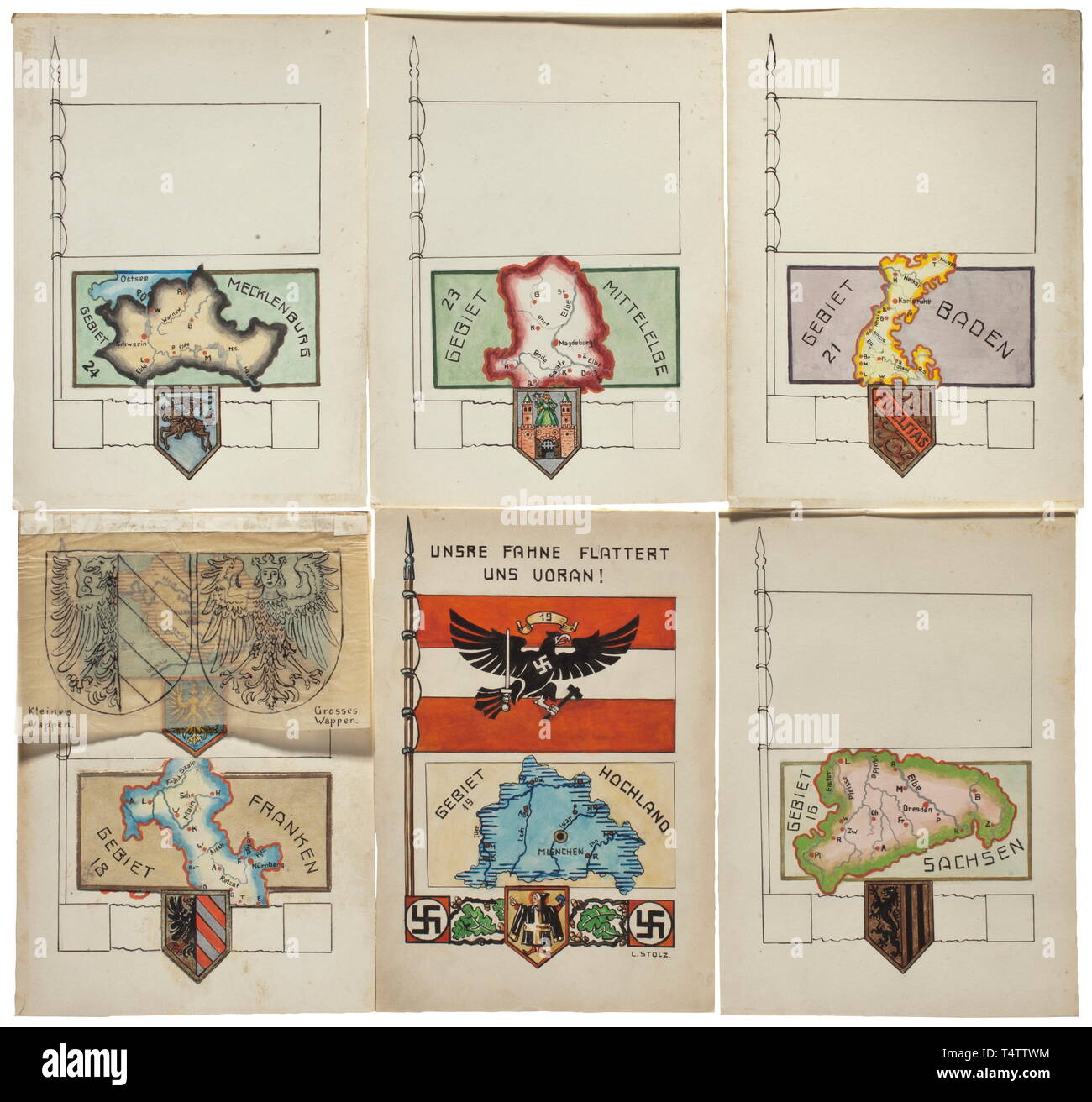 Henriette ('Henni') von Schirach - dessins originaux pour HJ Les cartes postales et les lettres deux dossiers faits à la main, datée de mai 1935 et signé, chacun avec 12 dessins originaux par l'artiste graphique Louise Stolz. L'encre noire et couleur de gouache sur carton, chaque dessin ou modèle protégé par un papier transparent couvrant. A représenté entre autres sont les districts d'Hochland, Mittelland, Mittelelbe, Thüringen, Hesse et Wurtemberg. Dimensions ca. 15 x 22 cm. Sont compris les cinq lettres personnelles et de sept cartes postales (1934 - 1938) de Henni von Schirach à l'artiste graphique, ainsi qu'une lettre signée, Editorial-Use-seulement Banque D'Images