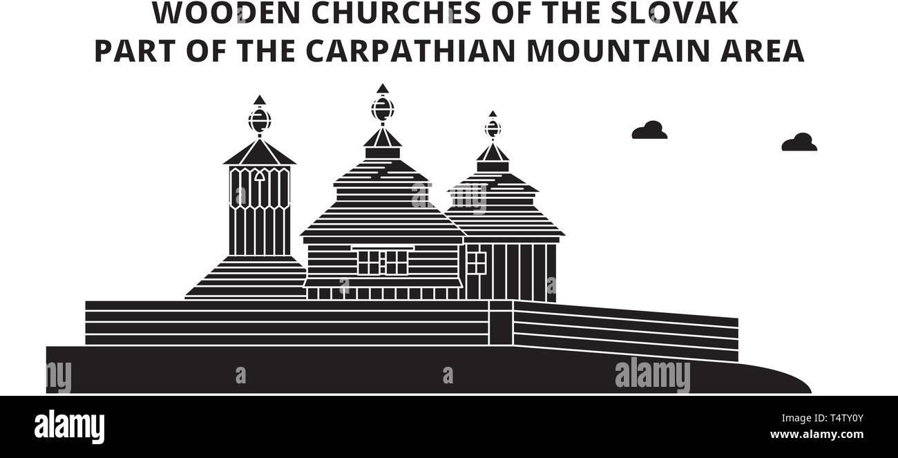 Slovaquie , églises en bois dans la région des Carpates , skyline voyages vector illustration. Illustration de Vecteur