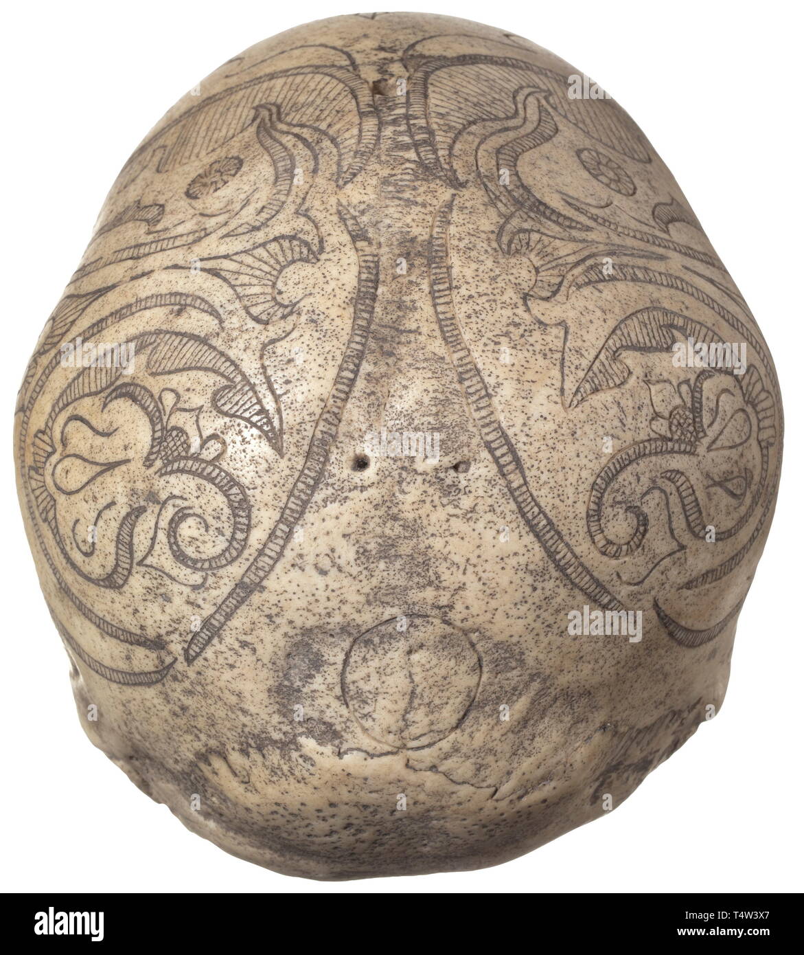 Un crâne sculpté, Bornéo. Finement gravée, délicate, la calotte du crâne orné de motifs floraux et de motifs décoratifs. La mâchoire inférieure et les dents manquantes, le sommet du crâne transpercé d'un trou. Hauteur 13 cm., historique, historique de l'archipel indonésien, l'Indonésie, l'Extrême-Orient, Asie, Asiatique, l'ethnologie, l'appartenance ethnique, tribale, ethnique, objet, objets, alambics, clipping, coupures, cut out, cut-out, cut-outs,-Additional-Rights Clearance-Info-Not-Available Banque D'Images