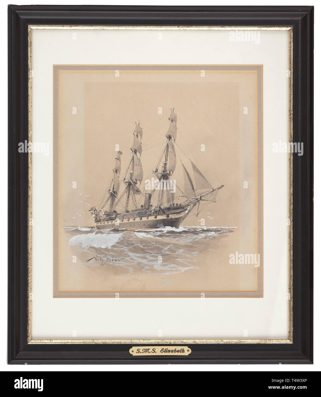 Willy Stöwer - S.M.S. Elisabeth aquarelle rehaussée de blanc sur papier. La vis de la frégate de classe d'Arkona avec canon ouvert bouche sur l'état de la mer. Signé en bas à droite. D'une double couche matte et cadre profil doré, sous verre. Taille avec cadre 37 x 32 cm. Willy Stöwer (1864 - 1931) d'abord travaillé comme ingénieur naval, avant qu'il a appris à peindre et il est devenu un artiste indépendant en 1889. Il est devenu membre du conseil d'administration de la Ligue navale allemande en 1899 et a reçu le titre de professeur en 1907. Historique, contexte historique, marine, forces navales, Additional-Rights Clearance-Info-militar,-Not-Available Banque D'Images