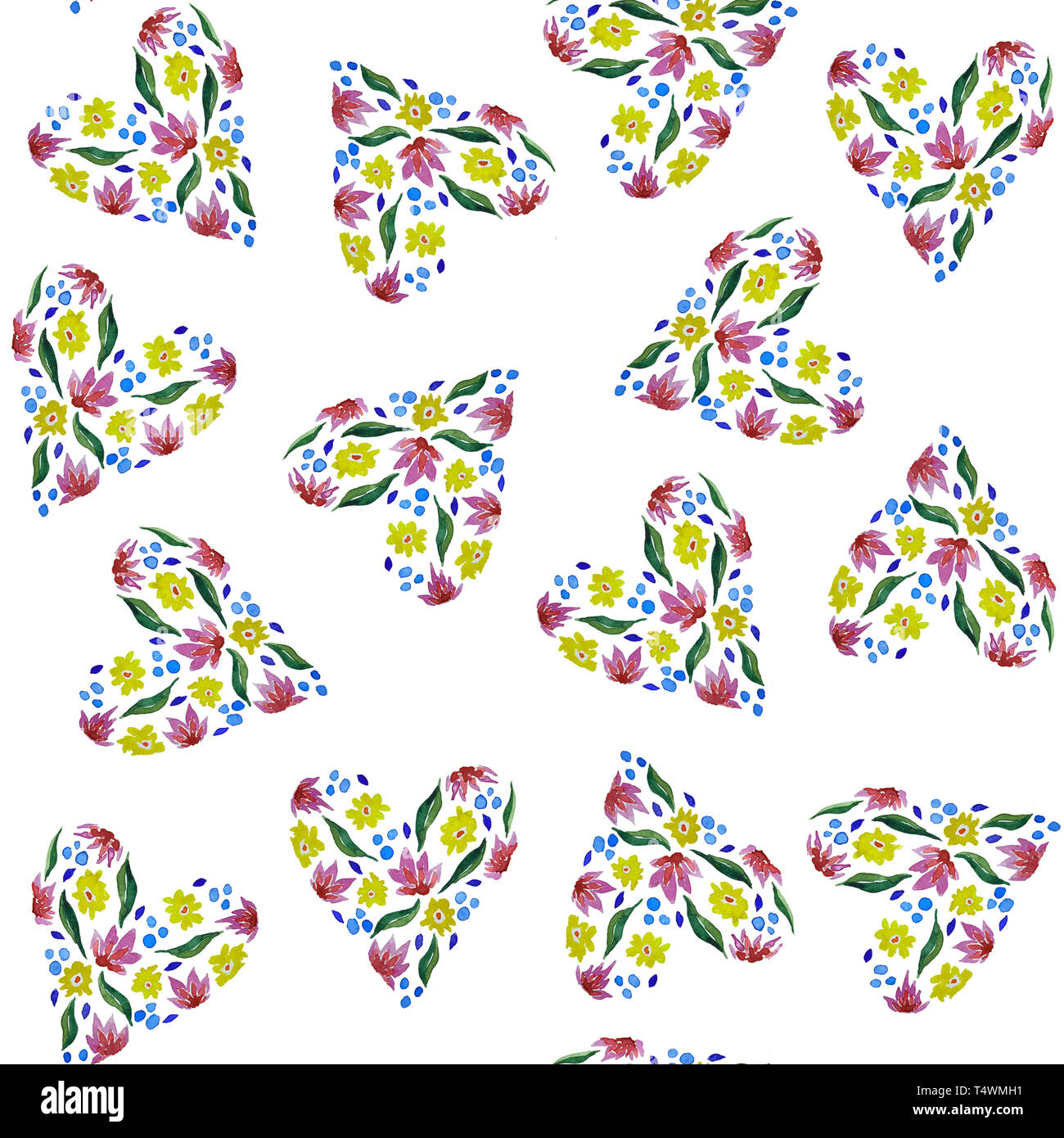 Motif transparent aquarelle coeurs avec fleurs, feuilles sur fond blanc. Banque D'Images