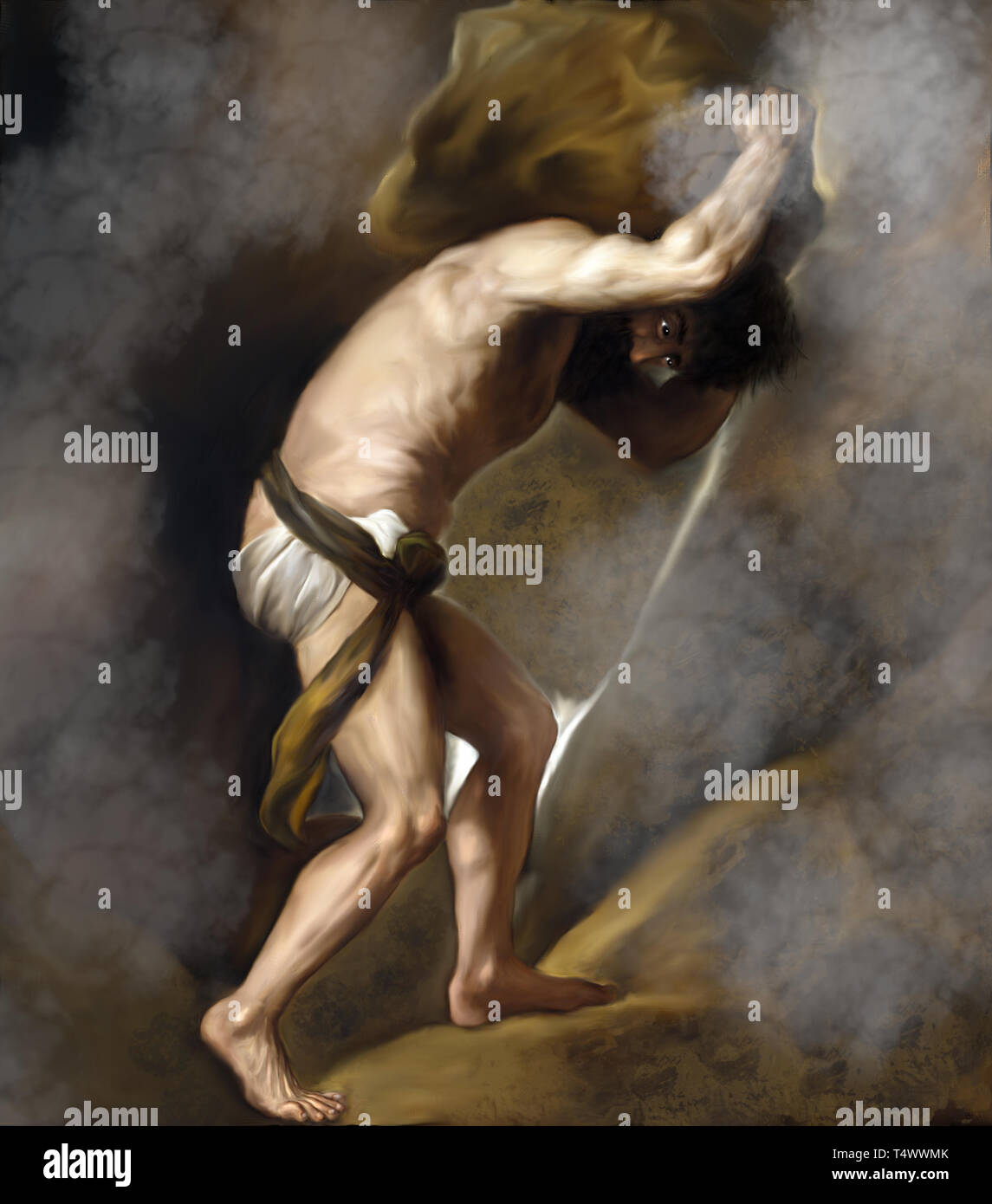 Sisyphe de Titien. Version moderne de la peinture classique : Sisyphe du Titien. Il est considéré dans la mythologie grecque comme le fondateur de Corinthe. Banque D'Images