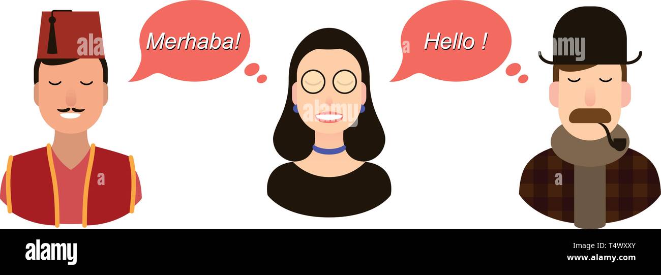 La conception moderne des cours de langue, cours, école de communication - concept de traduction. les touristes ou hommes d'illustration ou Illustration de Vecteur