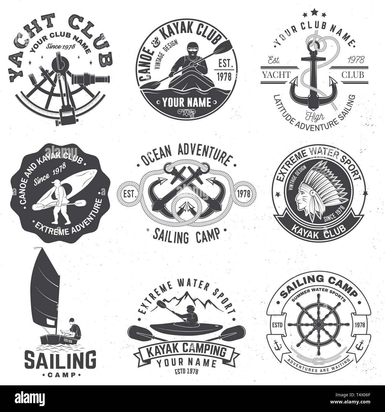 Ensemble de sailing camp, yacht club, club de canoë-kayak de badges. Vecteur. Concept pour chemise, imprimer, stamp ou tee. Typographie vintage design avec montagne, rivière, kayakiste silhouette. Eau extrême sport. Illustration de Vecteur
