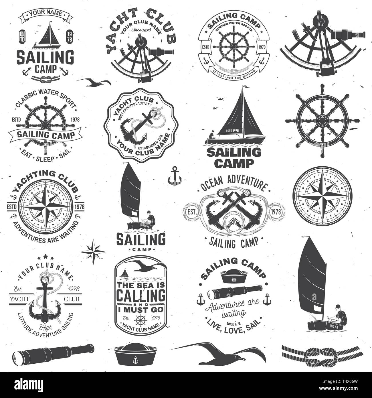 Camp De Voile De Yacht Club Et D Un Insigne Vecteur Concept Pour Chemise Imprimer Stamp Ou Tee Typographie Vintage Design Avec Des Ancrages De La Mer Noire Roue Boussole Et Sextant Silhouette