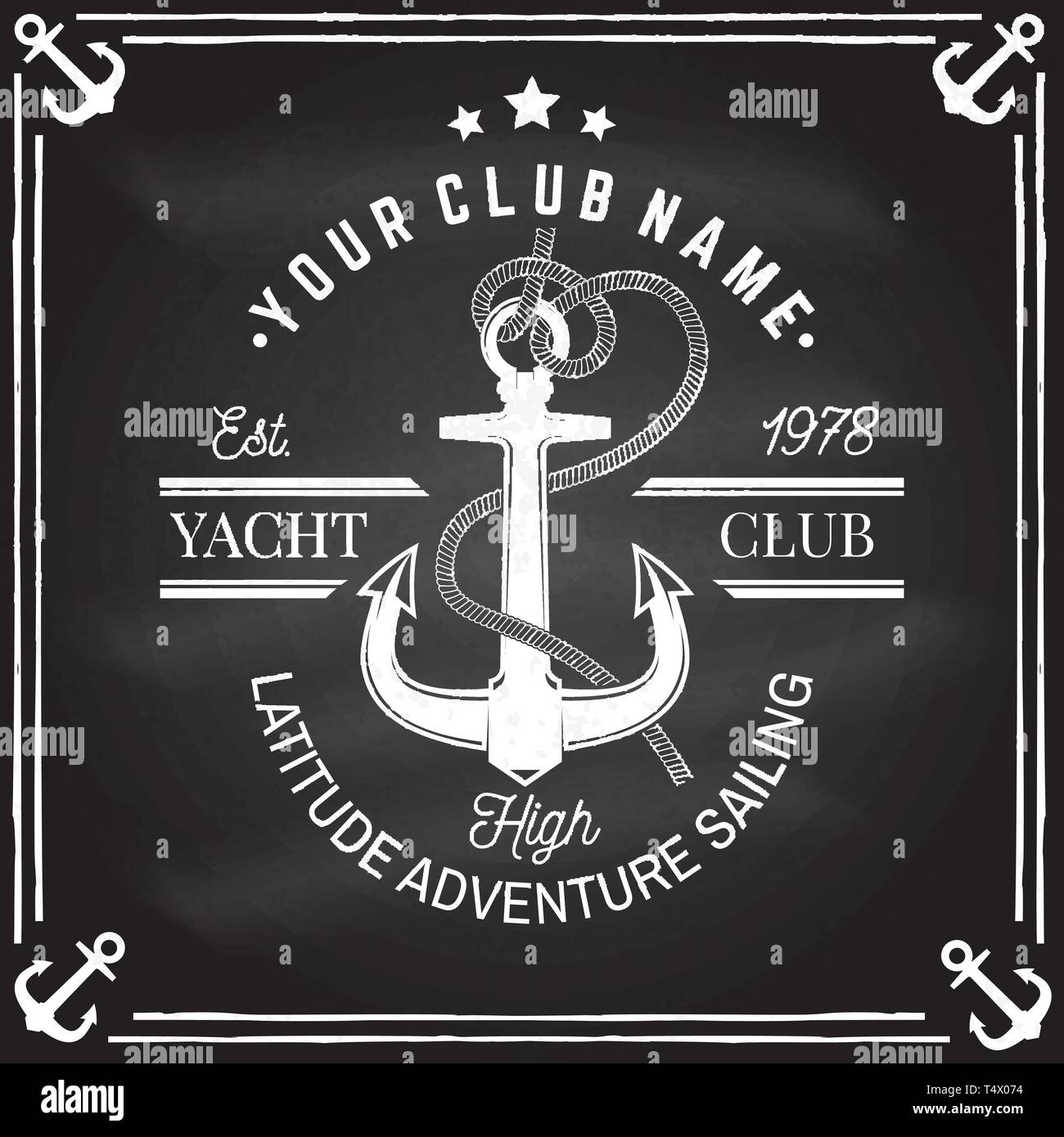 Yacht club badge. Vector illustration au tableau. Concept pour le yachting shirt, impression, stamp ou tee. Typographie vintage design avec Black sea anchor et corde knot silhouette. Les activités sportives Illustration de Vecteur