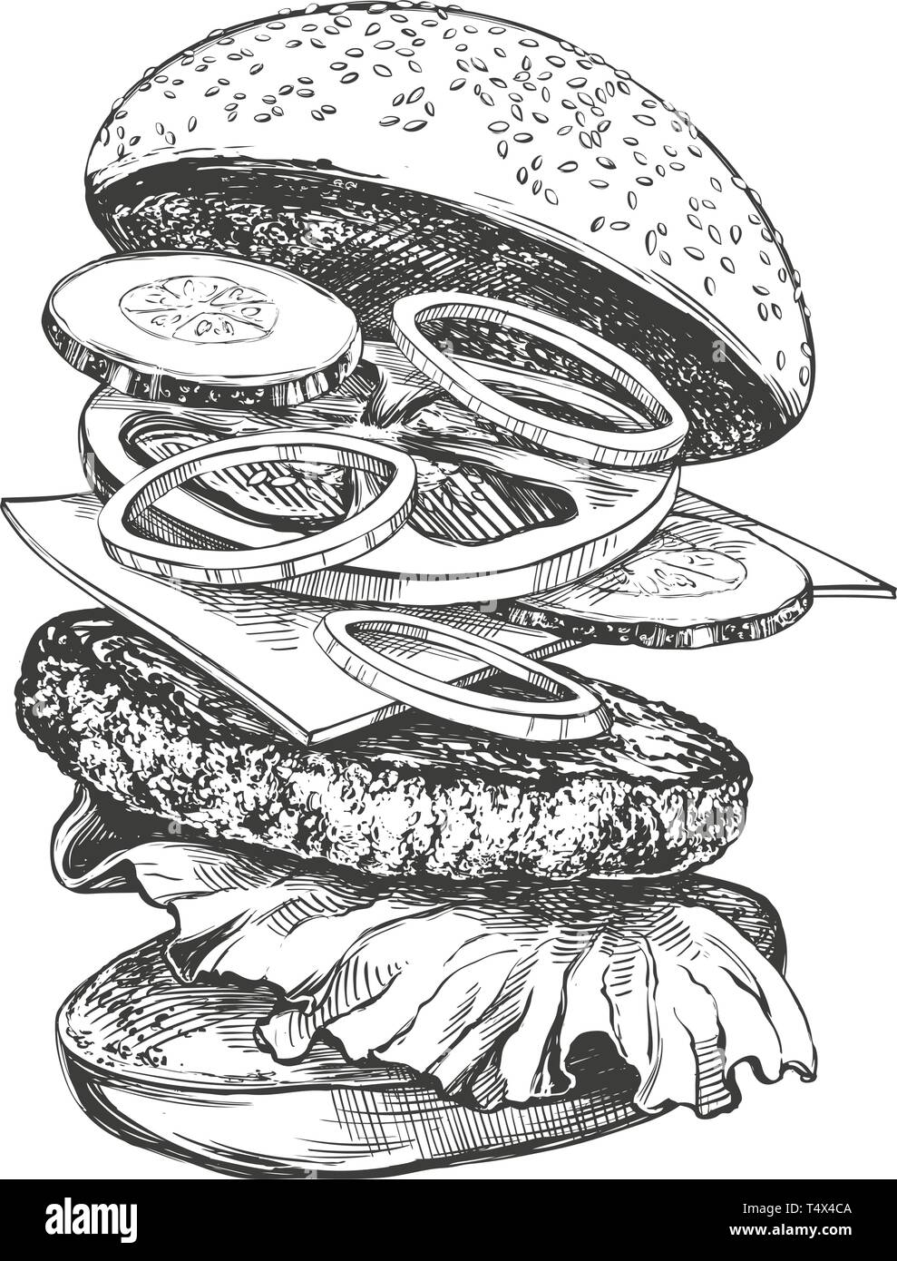 Big burger, hamburger hand drawn vector illustration croquis réalistes Illustration de Vecteur