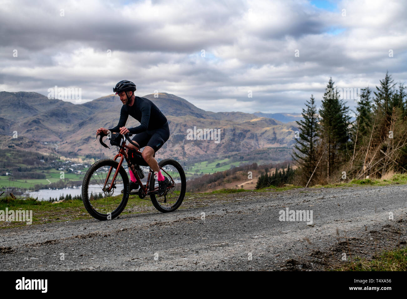Un homme cyclotourisme le long d'une piste de gravier au-dessus de la forêt Grizedale à Coniston Water dans le Lake District, en Angleterre, gravier, vélo de cyclotourisme. Banque D'Images
