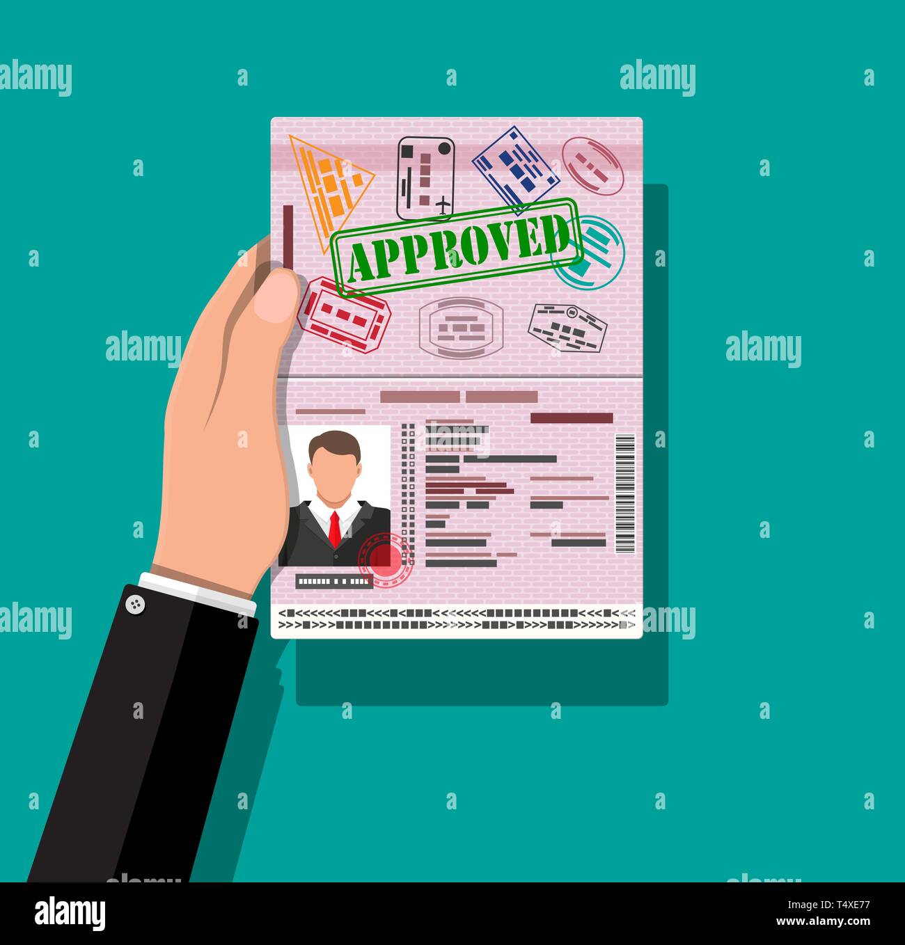 Carte d'identité. Carte d'identité, de la carte nationale d'identité, passeport avec les visas de timbres dans la main. Puce électronique et de l'homme photo. Vector illustration en modèle plat Illustration de Vecteur