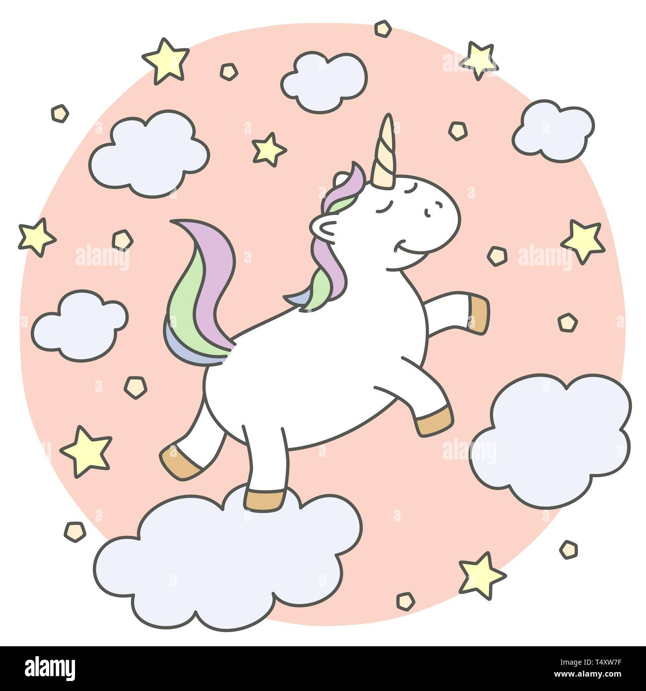 Rêve et flying unicorn mignon sur le ciel avec les nuages et les étoiles Illustration de Vecteur