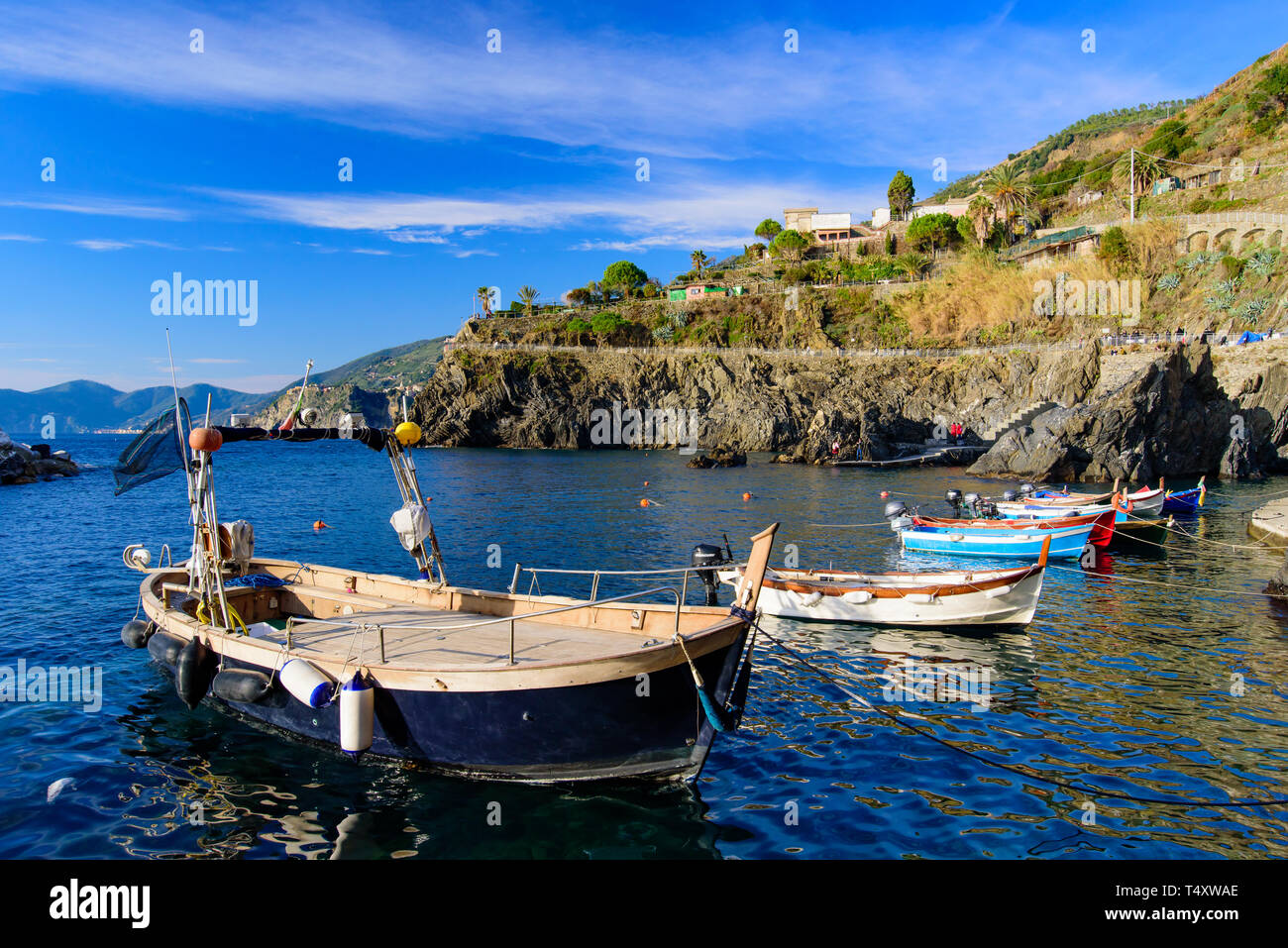Des bateaux de pêche à Manarola, l'un des cinq villages méditerranéens à Cinque Terre, Italie, célèbre pour ses maisons colorées et son port Banque D'Images