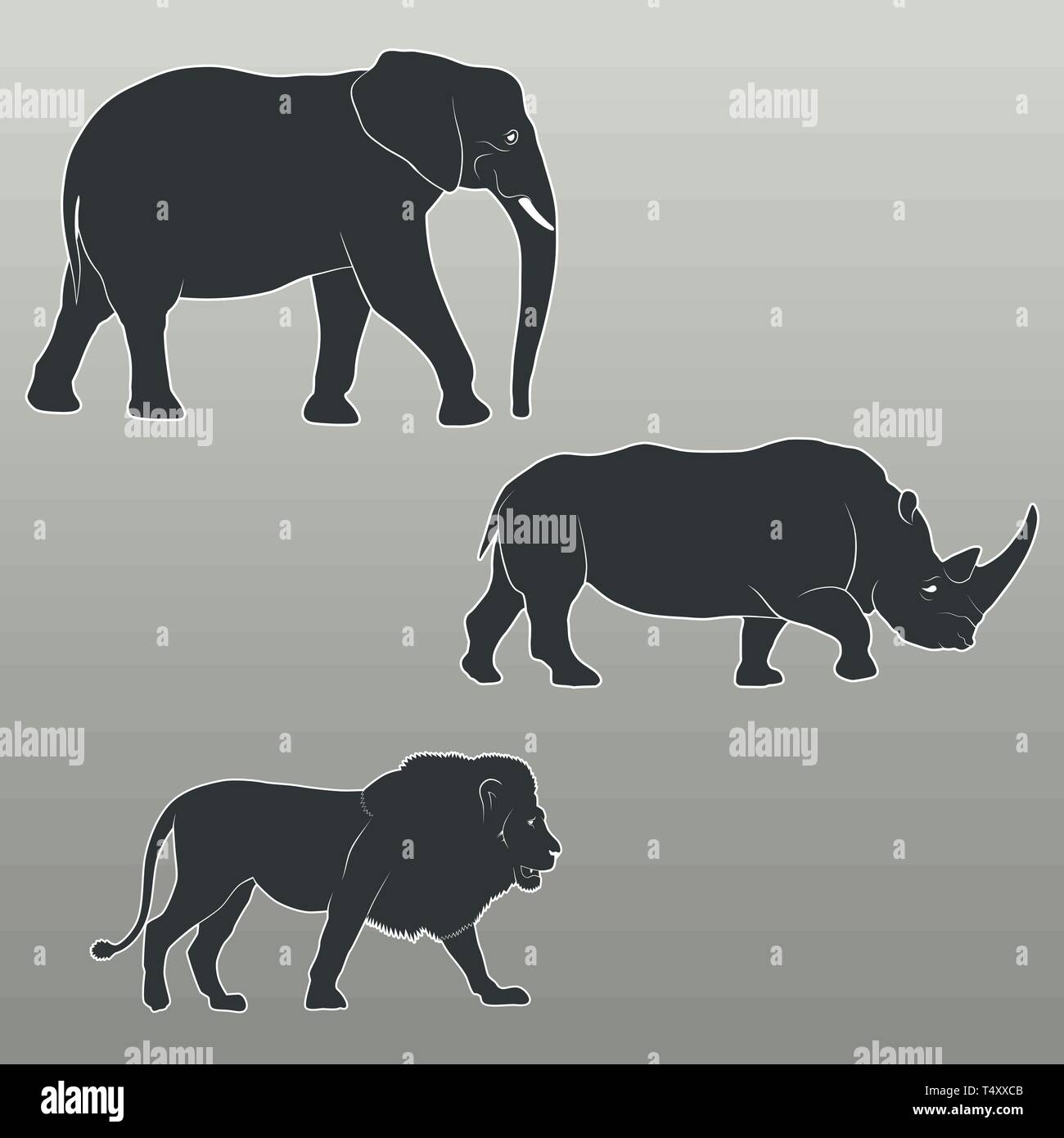 Silhouettes de savane sauvage animaux - éléphant, rhinocéros, lion Illustration de Vecteur