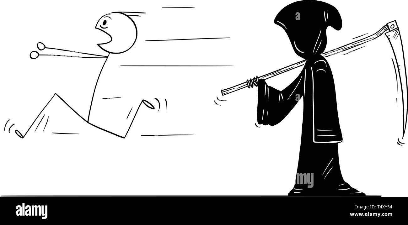 Cartoon stick figure dessin illustration conceptuelle de l'homme en fuite à partir de la grande faucheuse ou la mort avec des faux et en noir capot. Illustration de Vecteur