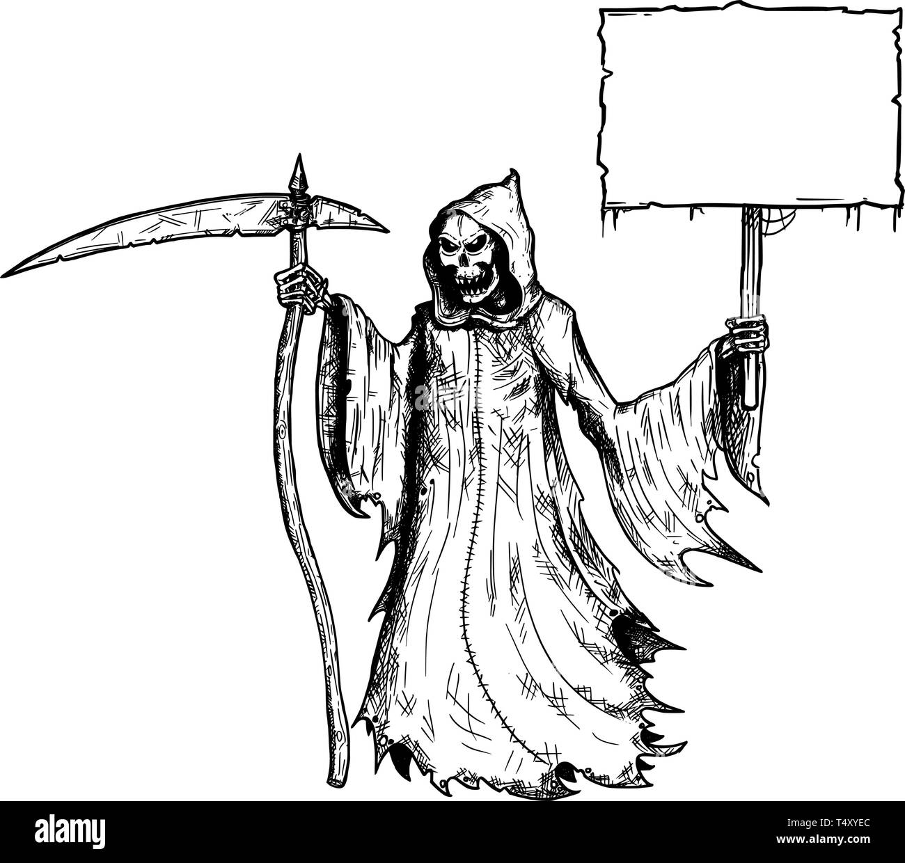Cartoon stick figure dessin illustration conceptuelle de Grim Reaper avec faux et en noir hood holding empty signe pour votre texte. Illustration de Vecteur