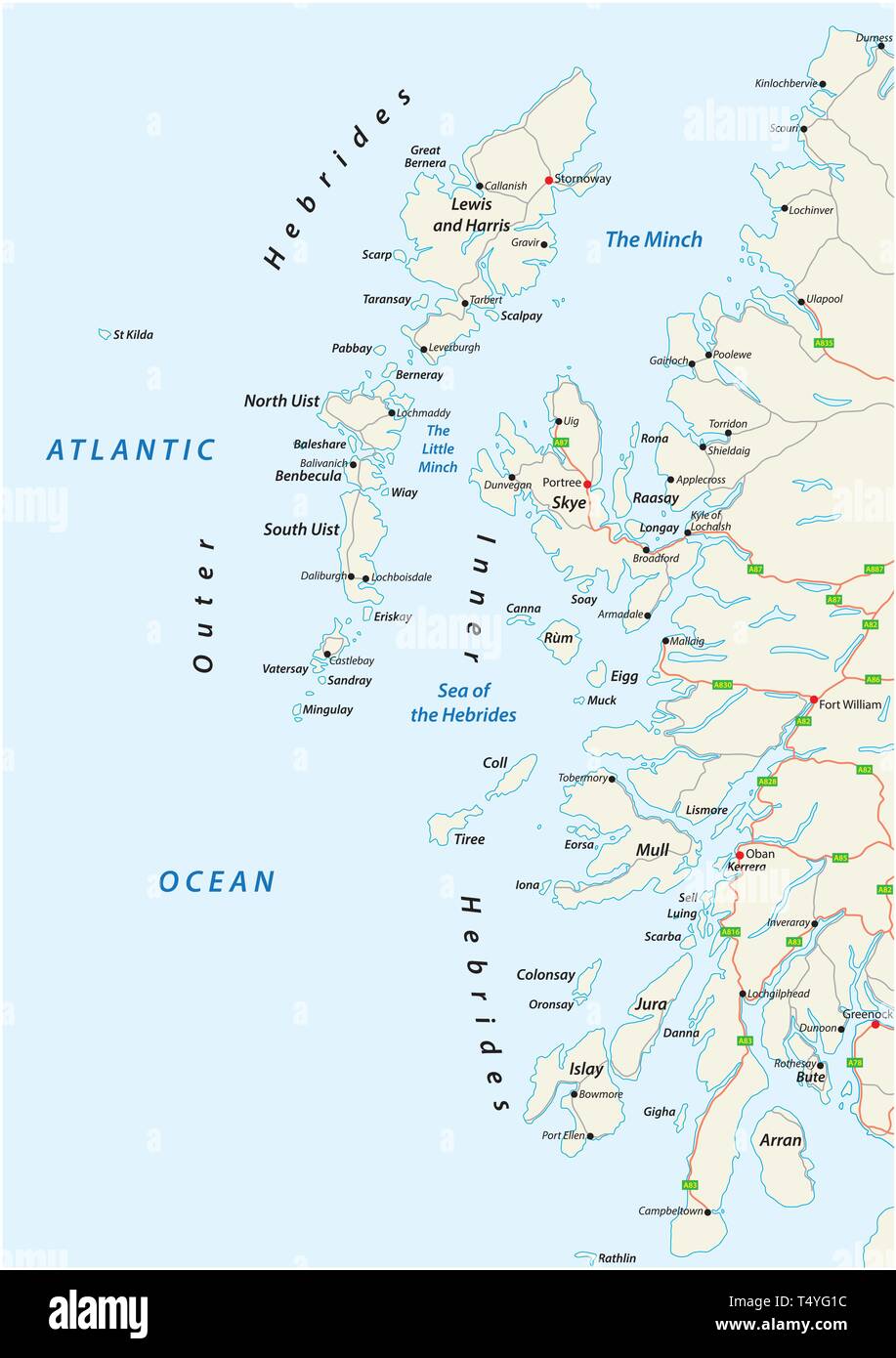 Carte routière de vecteur de l'archipel des Hébrides écossaises à la côte nord-ouest de l'Ecosse Illustration de Vecteur