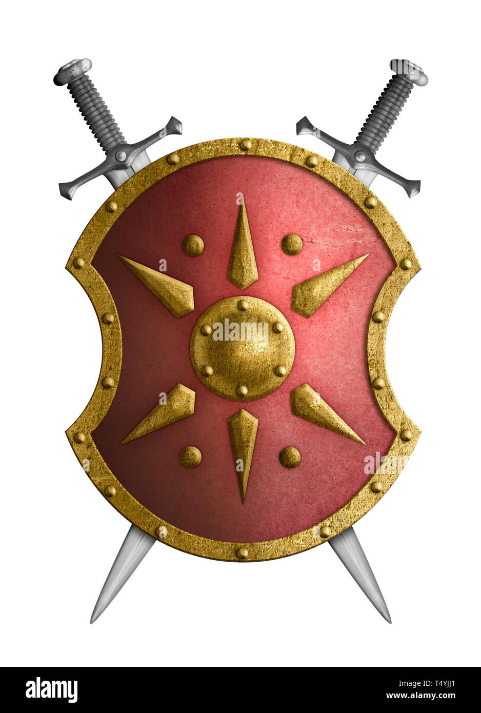 Metal red shield avec Golden Star crossed swords isolated on white Banque D'Images