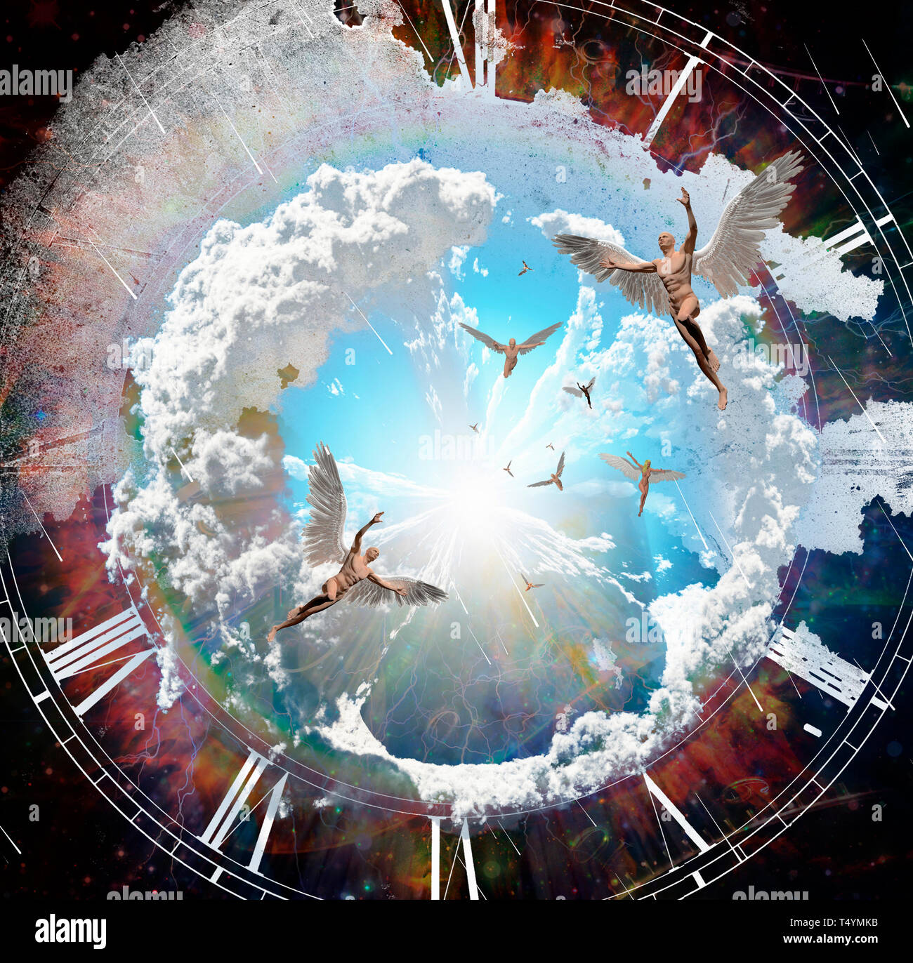 Vivid galaxie, Fun winged men représente les anges, rendu 3D. Banque D'Images