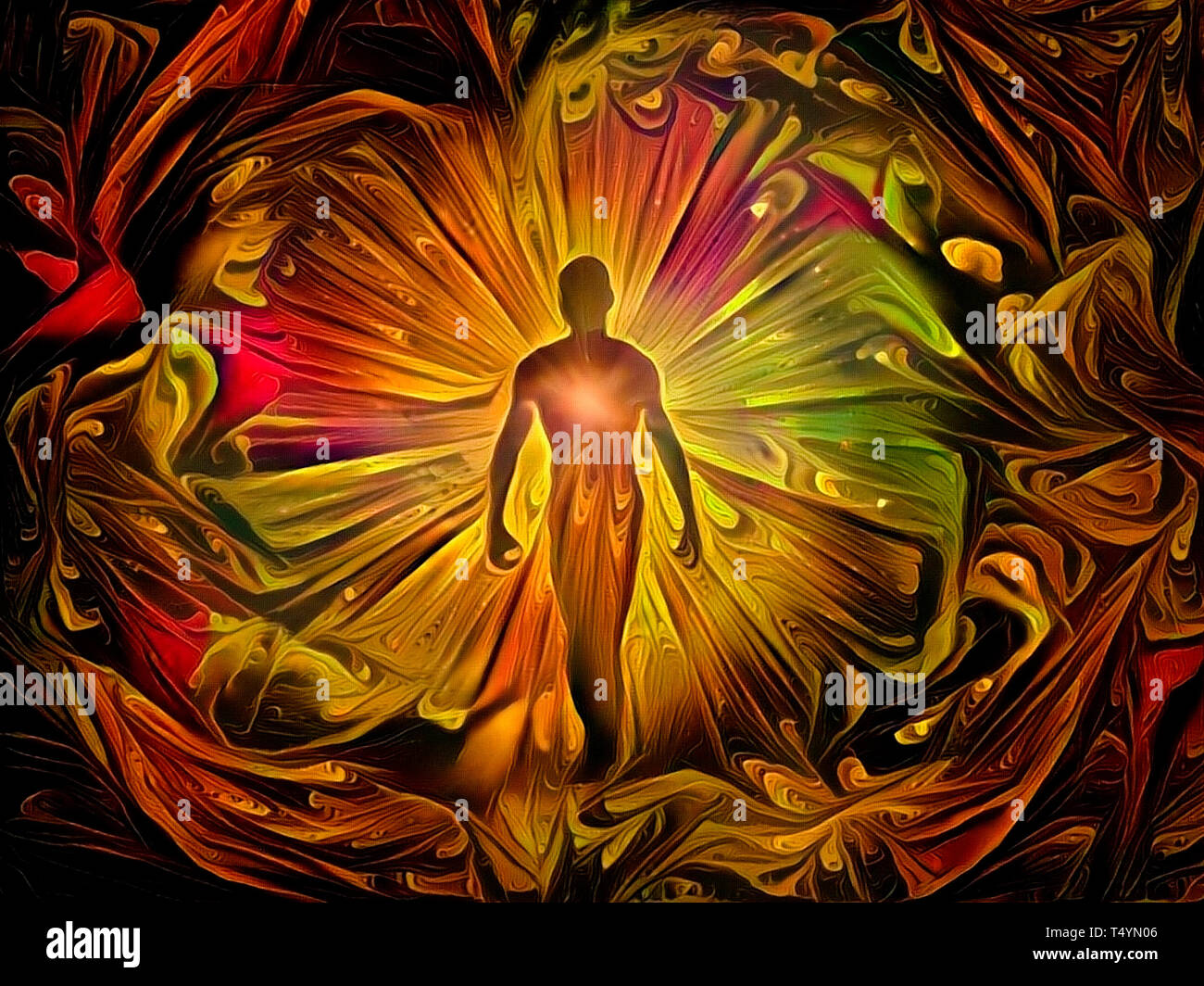 La silhouette de l'homme avec les rayons de lumière. Aura ou âme Banque D'Images