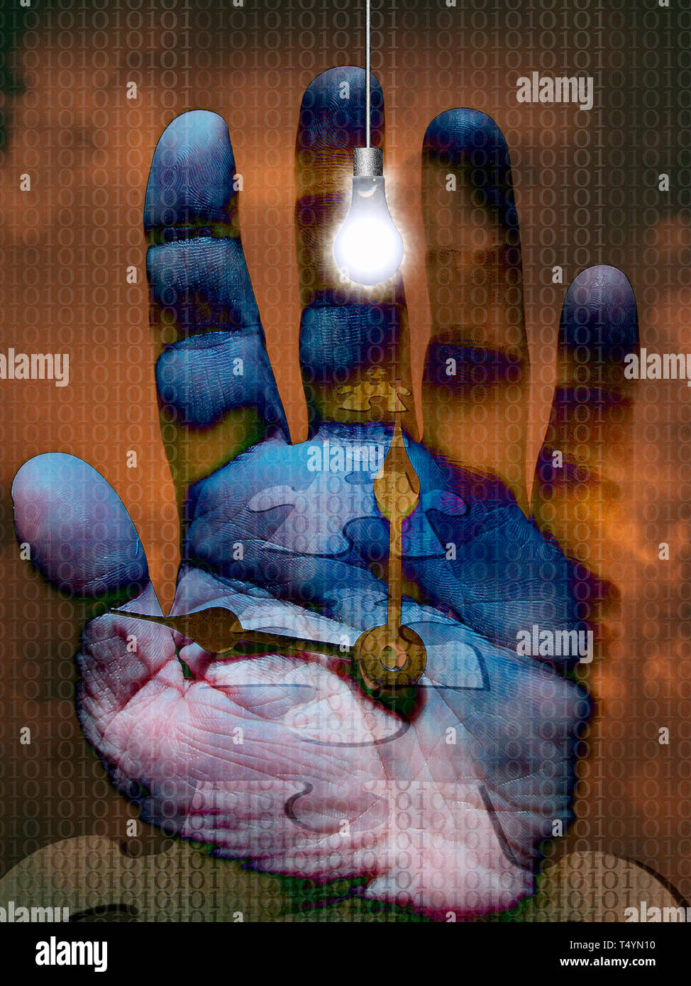 Les droits de l'palm avec code binaire et flèches du temps, les ampoules symbolise l'idée Banque D'Images