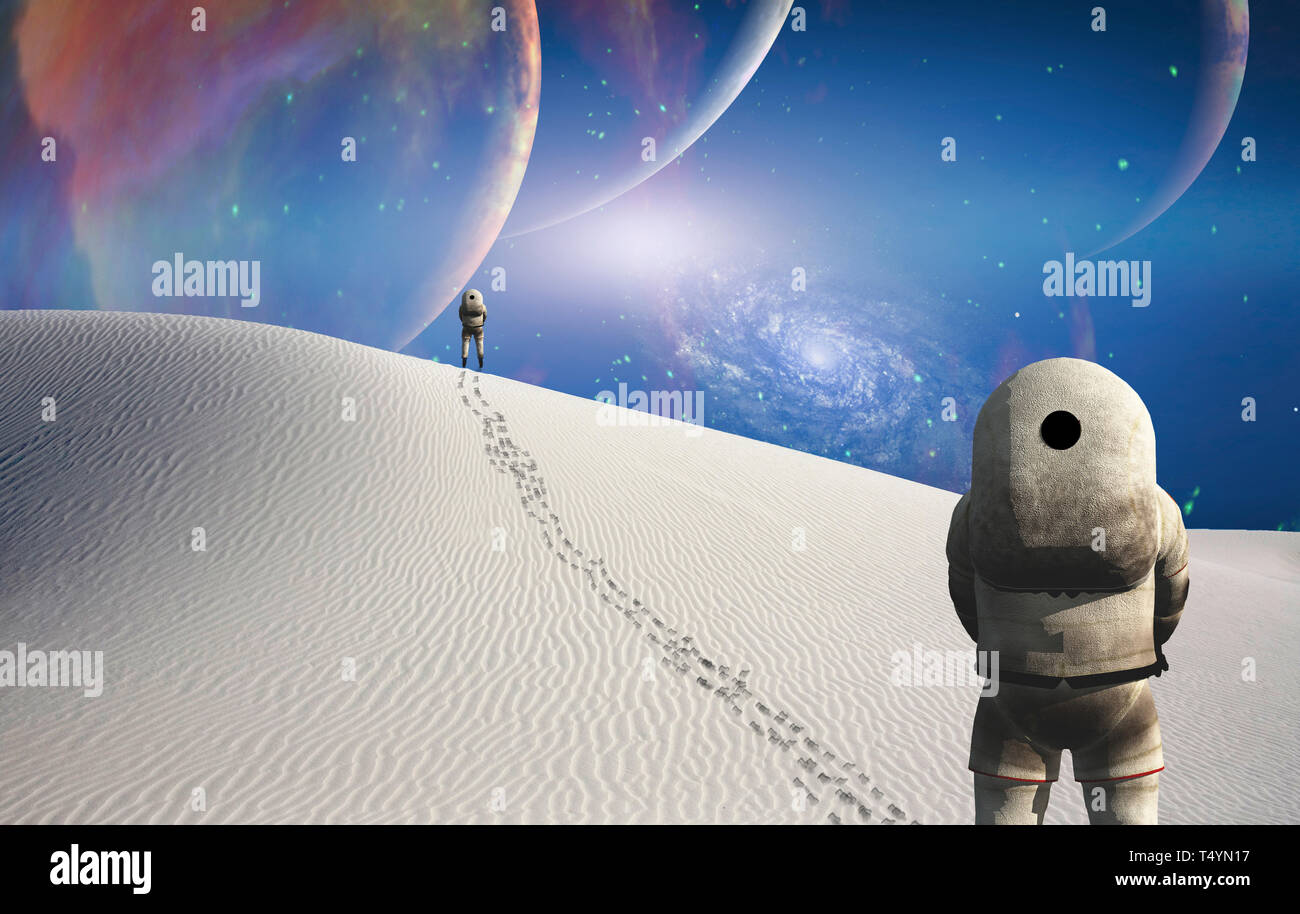 Les astronautes se trouve dans le désert blanc surréaliste, grandes planètes en ciel étoilé. Banque D'Images