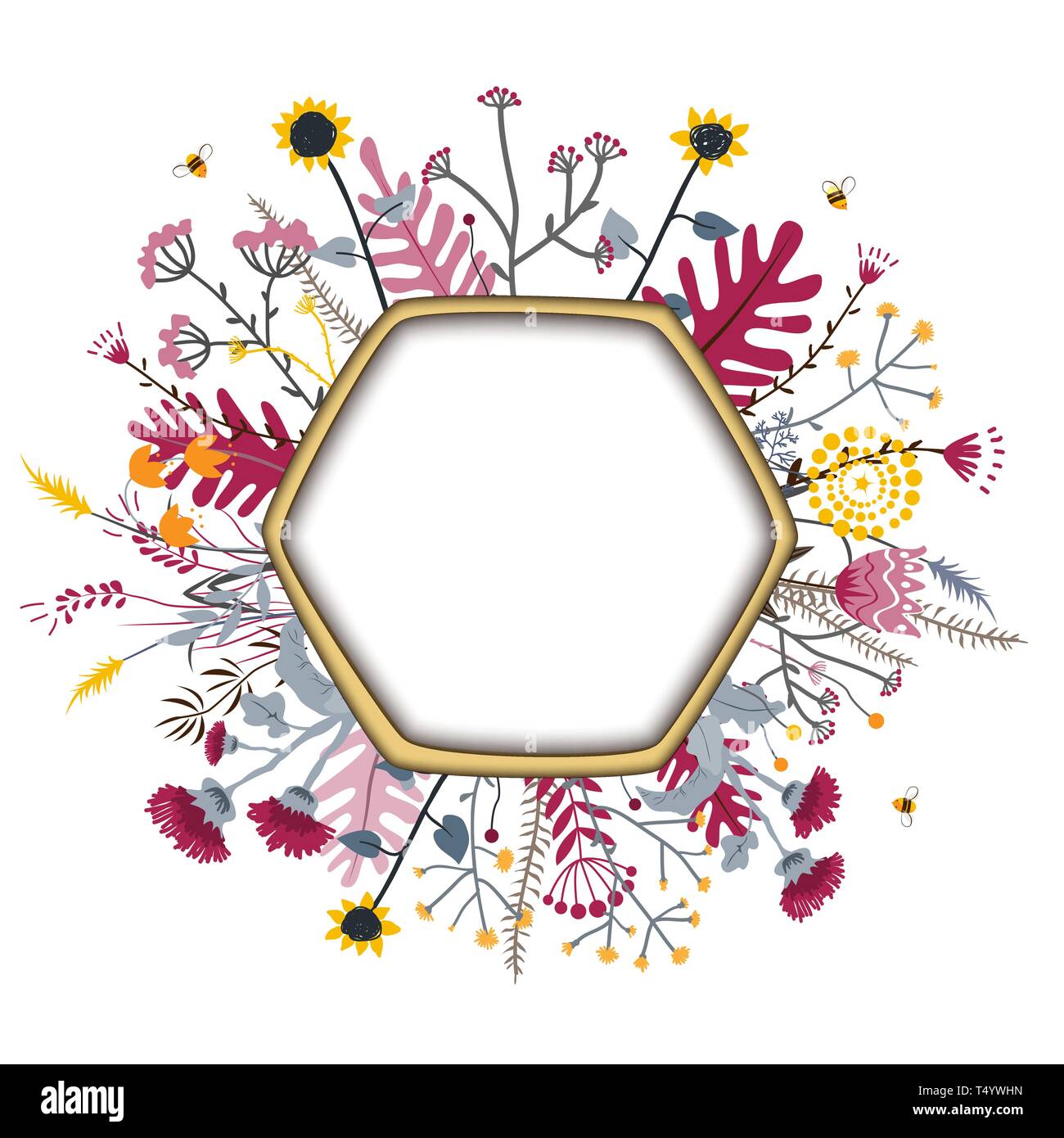Trame hexagonale avec fleurs et abeilles miel mignon. Cartoon vector illustration. Grasslend Concept Miel Illustration de Vecteur