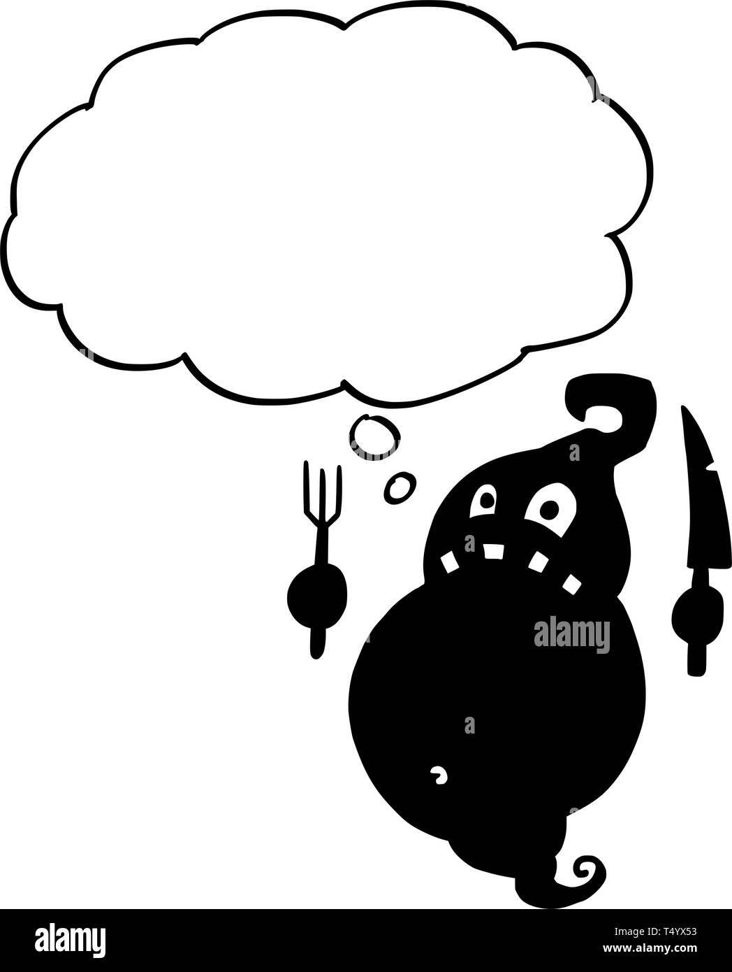 Illustration conceptuelle de dessin animé de graisse fou noir monster ghost avec fourchette et couteau et bulle de texte vide ou bulle prêt pour votre texte. Illustration de Vecteur