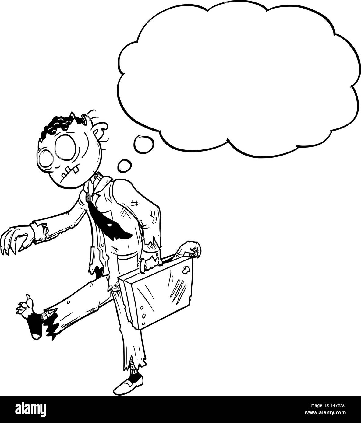 Illustration conceptuelle de dessin animé de crazy Halloween monster man zombie avec costume et avec porte-documents et discours vide ou texte bulle ballon. Illustration de Vecteur