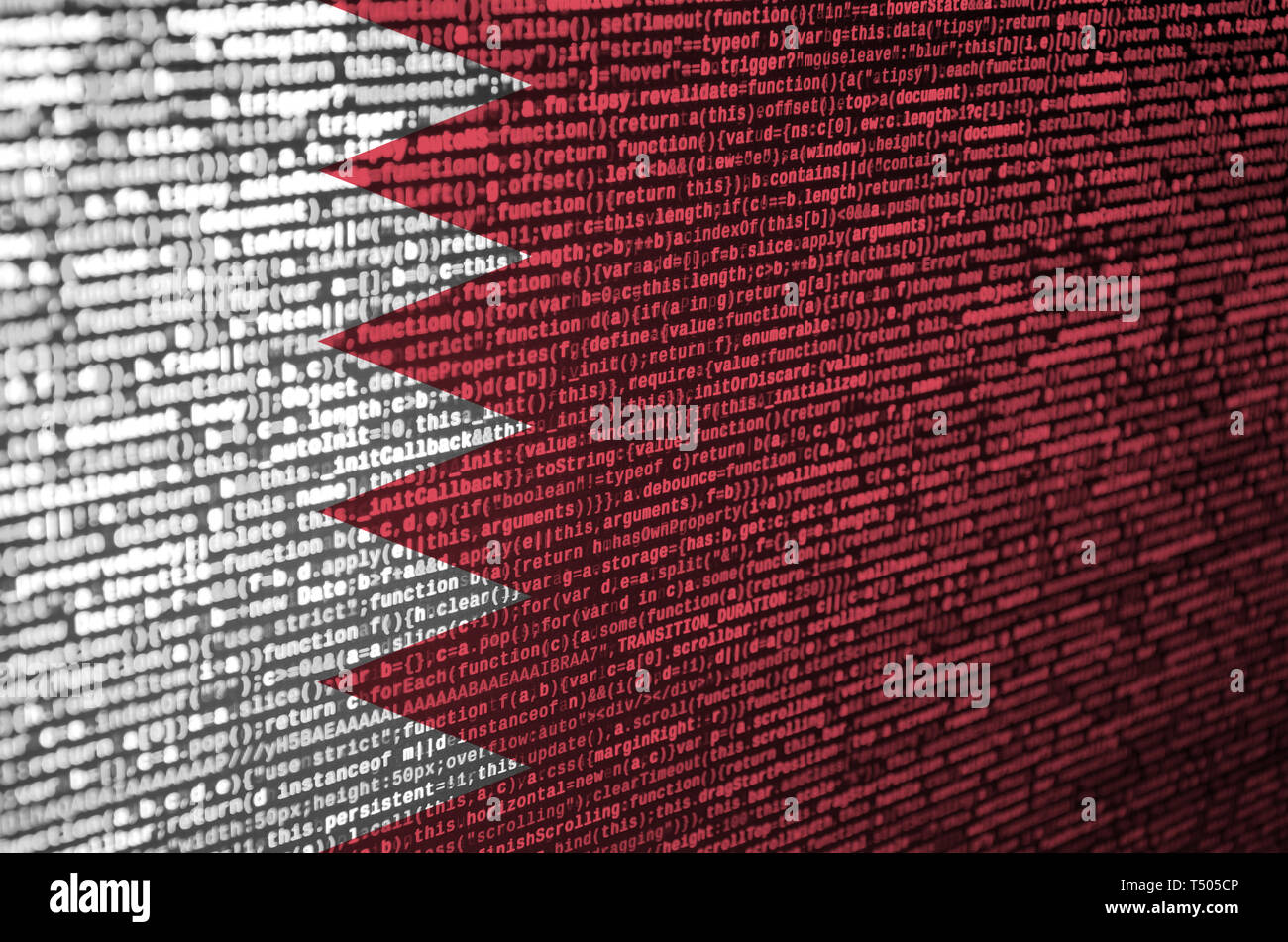 Drapeau de Bahreïn est représenté sur l'écran avec le code du programme. Le concept de la technologie moderne et le développement de site. Banque D'Images
